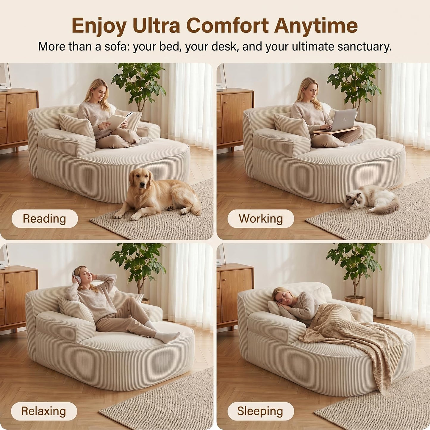 RJFFDDGZ Boneless Chaise Lounge Chair Indoor, Oversized Corduroy Foam Lounger with 3 Pillows, White
