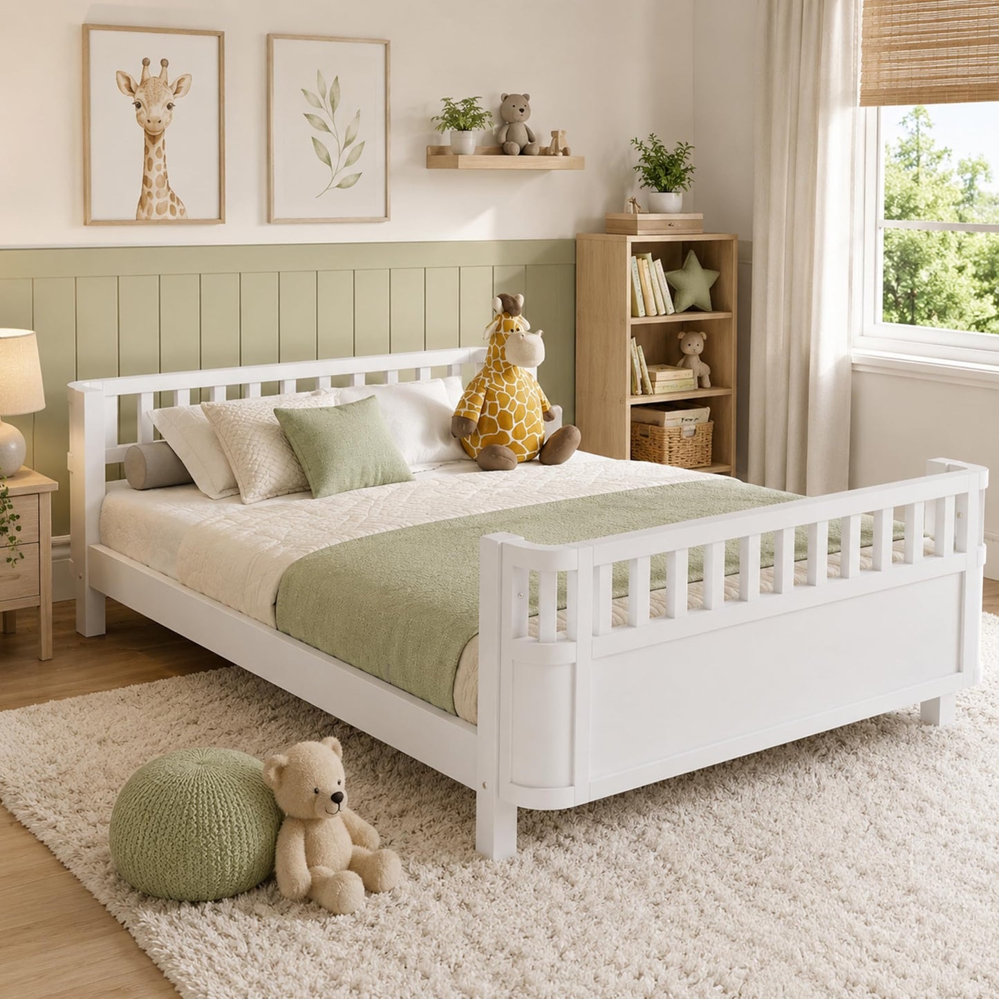 OYUMOENTS Full Size Kids Bed Frame, Low Profile Montessori Bed Full with Rails, Wood Daybed for Girls & Boys, No Spring Box Required, No Squeaks, White