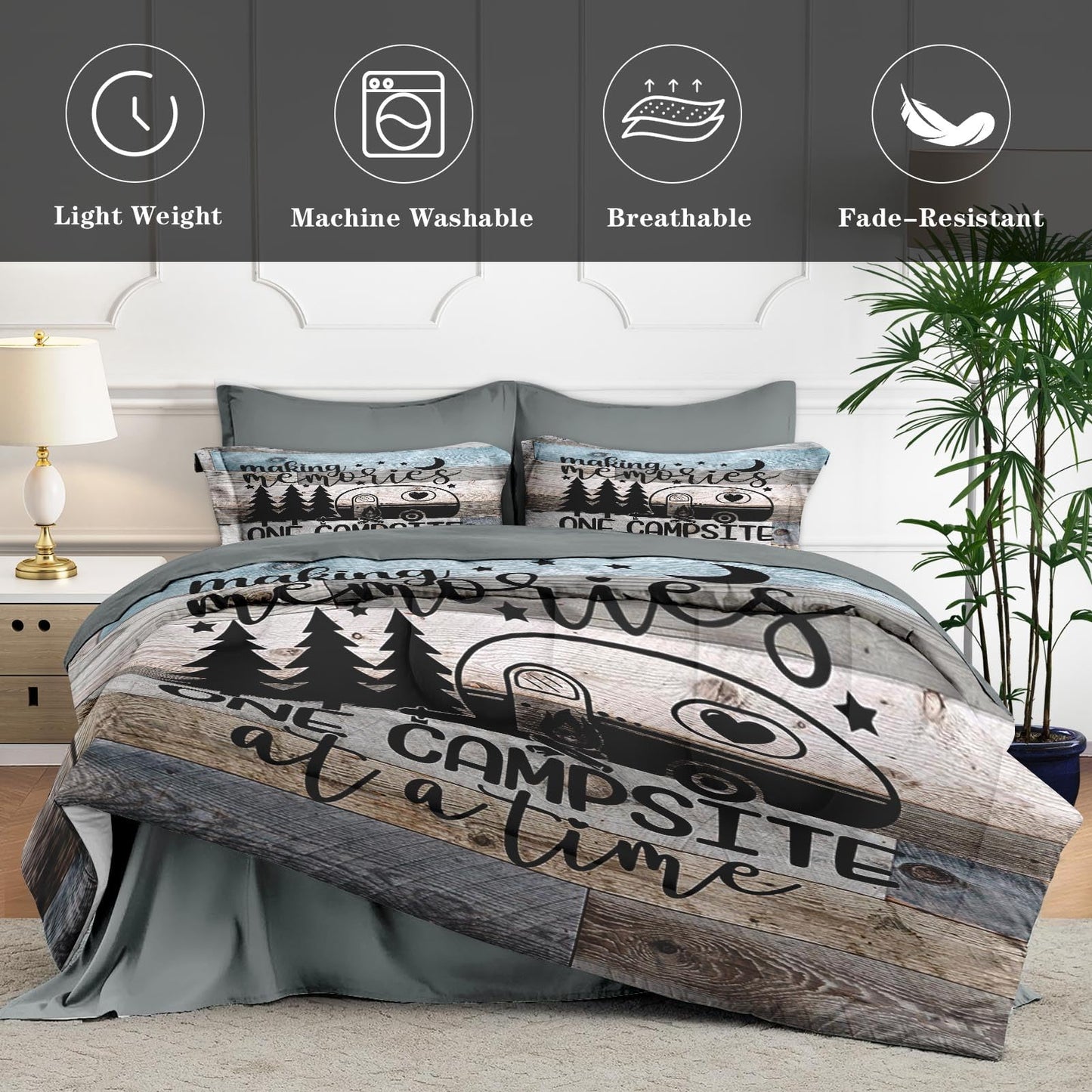 WeCozy 7 Pcs Full Size Comforter Set with 2 Pillowcases & 2 Shams, Inspirational Motivational Bedding Set for Kids and Adults, Retro Wood Camp Camper Bed in a Bag with Flat Sheet and Fitted Sheet