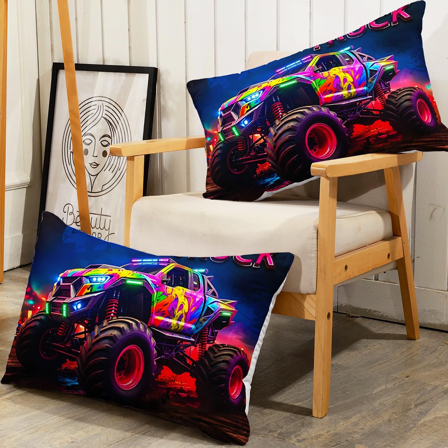 AILONEN Monster Truck Fitted Sheet Set Twin Size, Cartoon Car Bedding Set for Kids,Teens,Adults,3D Print Giant Pickup Truck Bedsheets Set for All Season,3-Pieces,1 Sheet Set with 2 Pillowcases,Soft