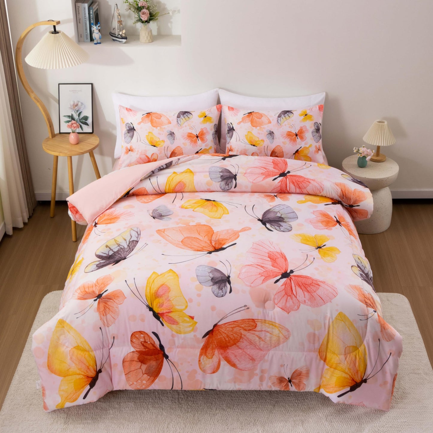 Btargot 3 Piece Butterfly Pattern Girls Comforter Set, Colorful Ink Stick Printing Bedding Set for Women, Orange Full