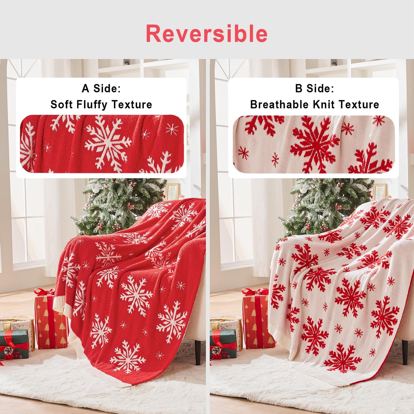 Douceur Christmas Snowflake Throw Blanket, Ultra Soft Red Fluffy Festival Blanket, Reversible Cozy Decorative Blanket for Bed Couch Sofa, Super Soft Indoor Living Room Plush Throws, 60"X80"