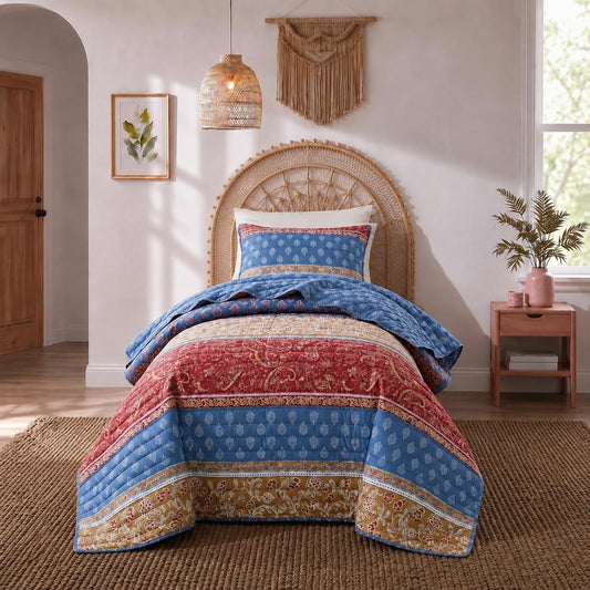 Regency Heights Boho Paisley Quilt Set Twin Size, Lightweight Red Reversible Bedspread Coverlet Set, Vintage Floral Patchwork All Season Bedding Set with Matching Sham