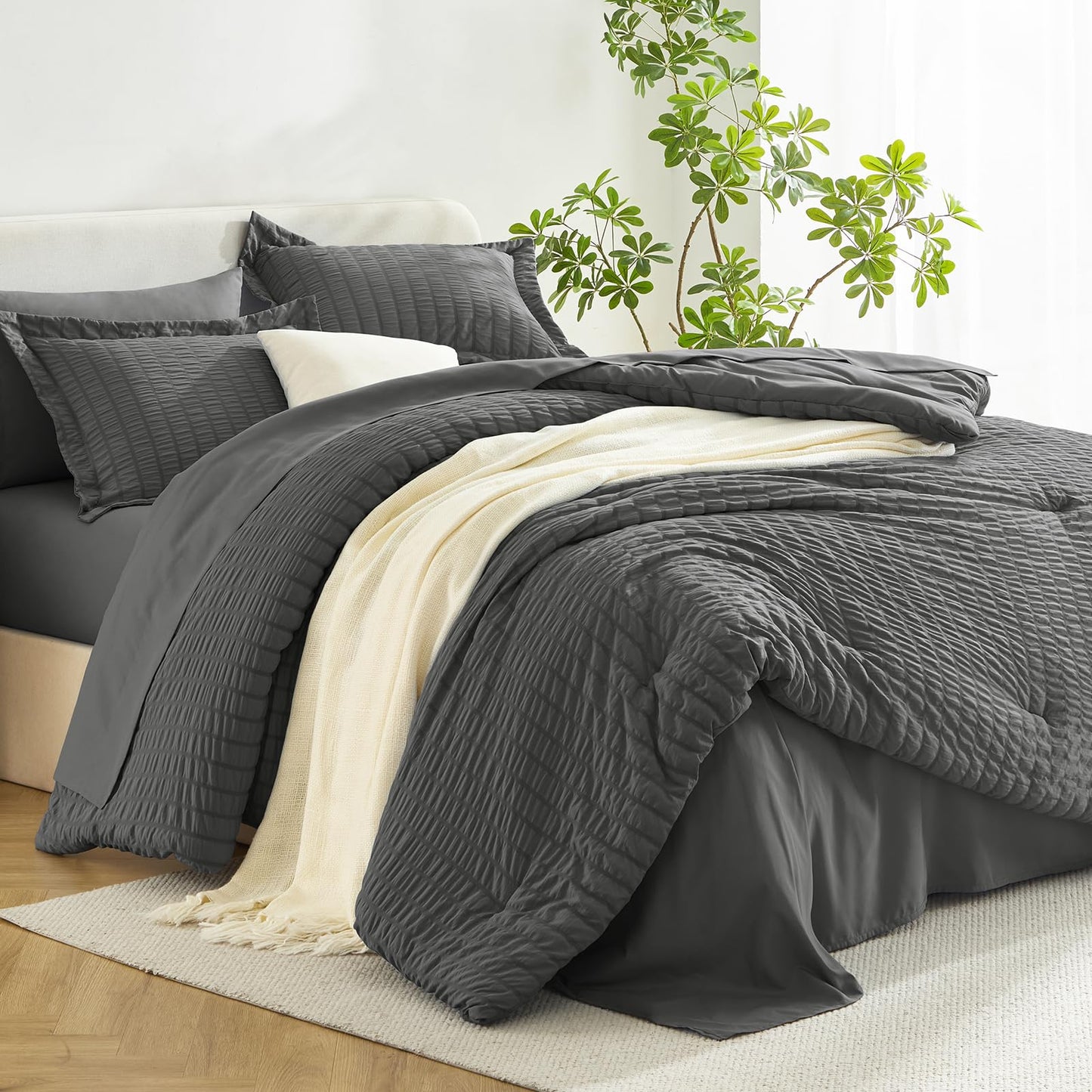 HIMEET Queen Comforter Set - 7 Pieces Seersucker Bed in a Bag, Boho Bedding Sets for Bedroom Decor, All Season Home Essential Bed Set with Comforter, Sheets, Pillowcases & Shams, Dark Grey