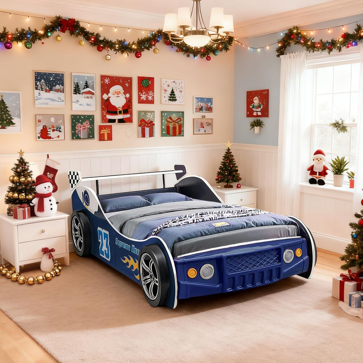 LKTART Car Bed Twin Size for Kids, Race Car Shaped Wooden Platform Bed Frame with Headboard Wheels and Support Slats for Boys Toddlers Child's Bedroom (Blue)