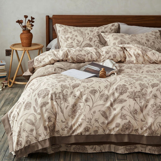 TodaFre 100% Cotton Botanical Duvet Cover King Size, Reversible Floral Bedding Set, Soft Breathable Brushed Cotton Vintage Cottagecore Neutral Duvet Cover with Zipper, All Season (Brown, 104"x90")