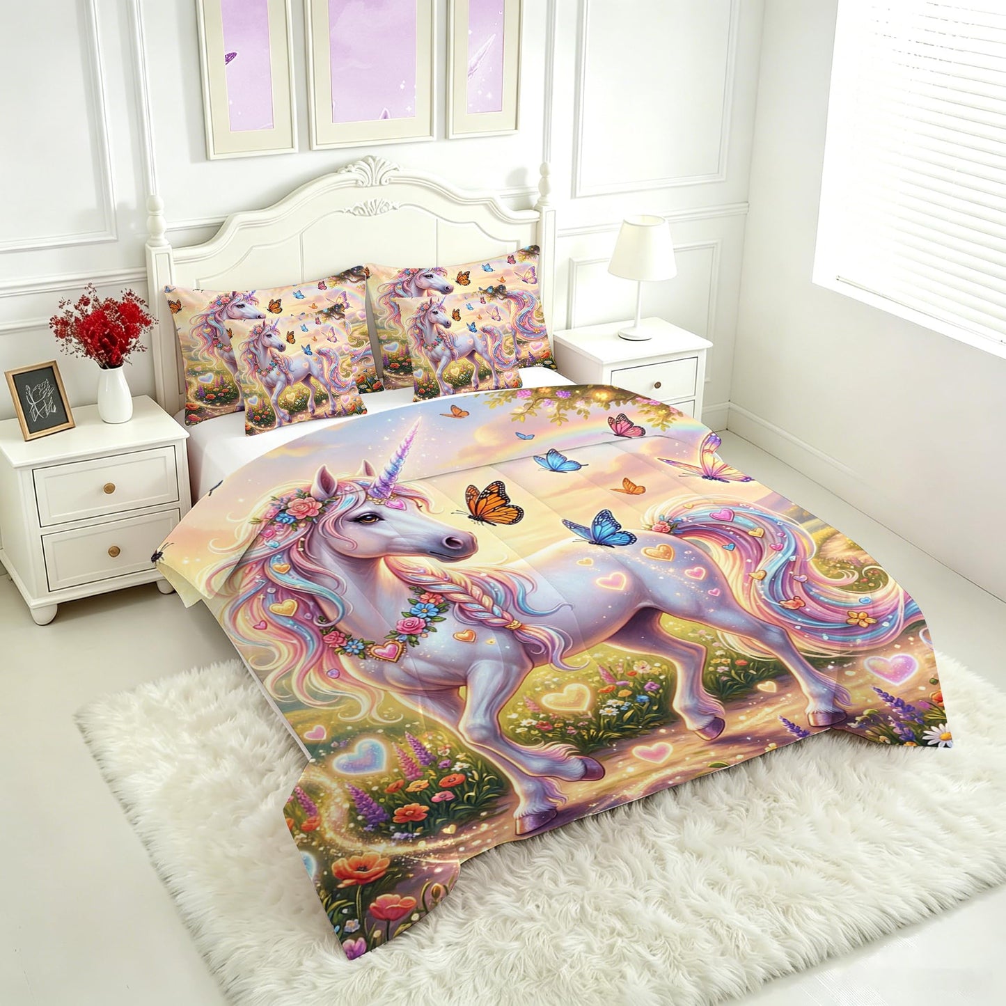 FUYEUN Unicorn King Comforter Set with Sheets for Kids Boys Girls Dreamy Rainbow Print 7 Pieces Cute Bedding Set Cartoon Animal Bed in a Bag Princess Room Decor