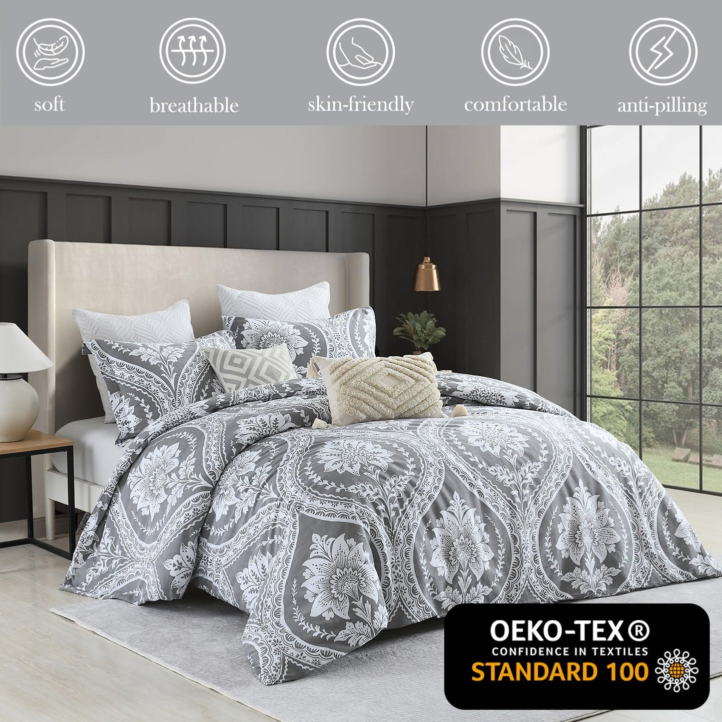 VOOVY Grey Duvet Cover King - 3 Pieces Paisley Damask King Size, Ultra Soft Breathable Bedding Duvet Cover Set with 100% Cotton for All Season, 104"x90", No Comforter