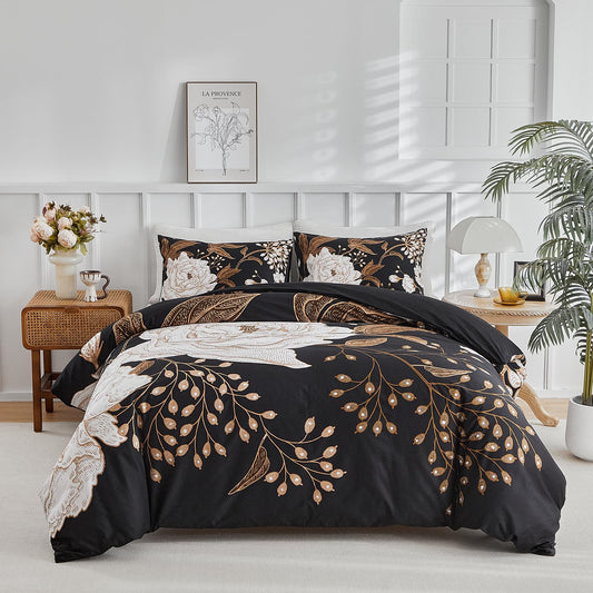 mixinni Floral Duvet Cover King Size, 3 Pieces White Flowers and Gold Leaves Printed on Black Bedding Set, Soft Premium Cotton Reversible Elegant Floral Duvet Cover Set for All Season-King Size