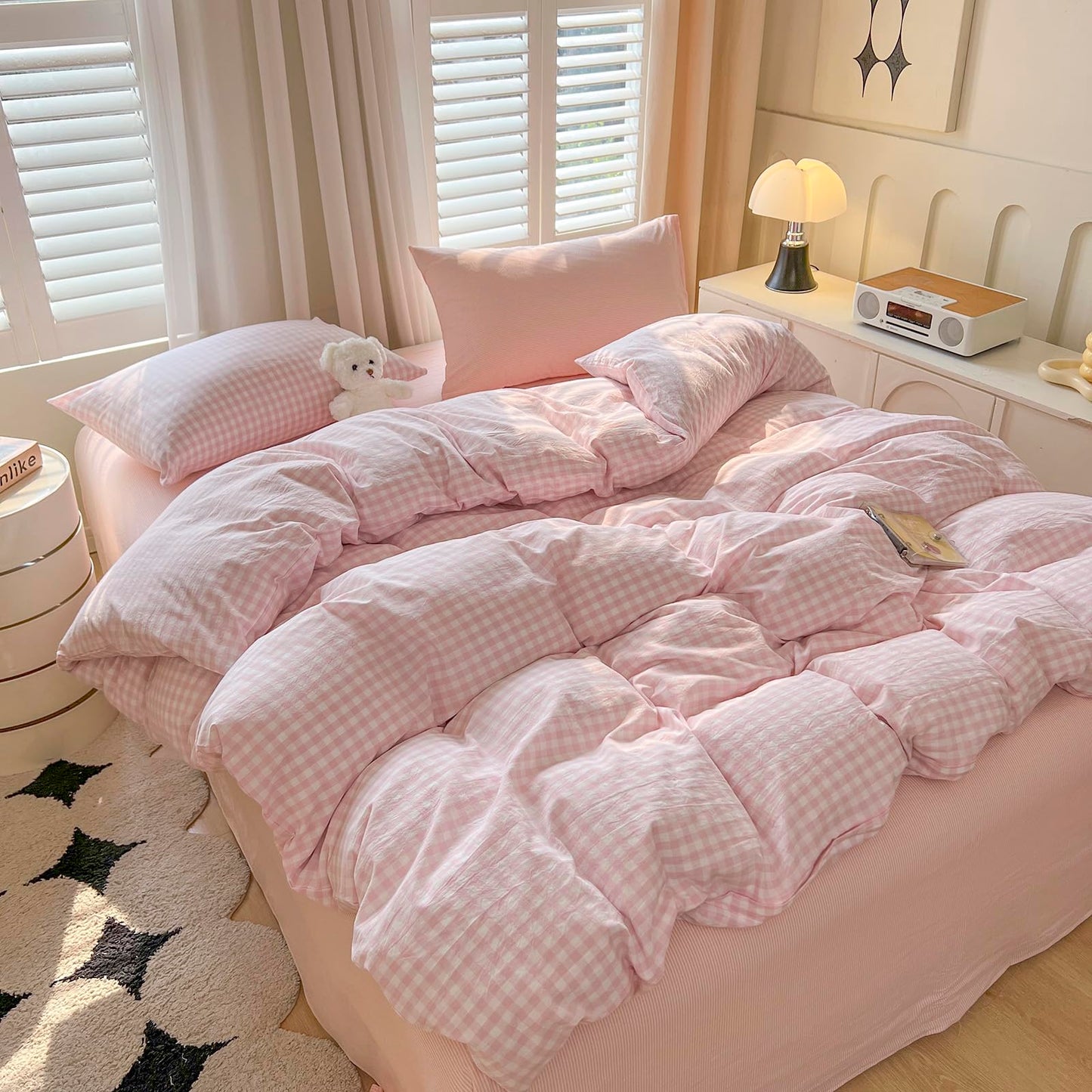 VM VOUGEMARKET Pink Gingham Duvet Cover Set for Girls, Queen Size