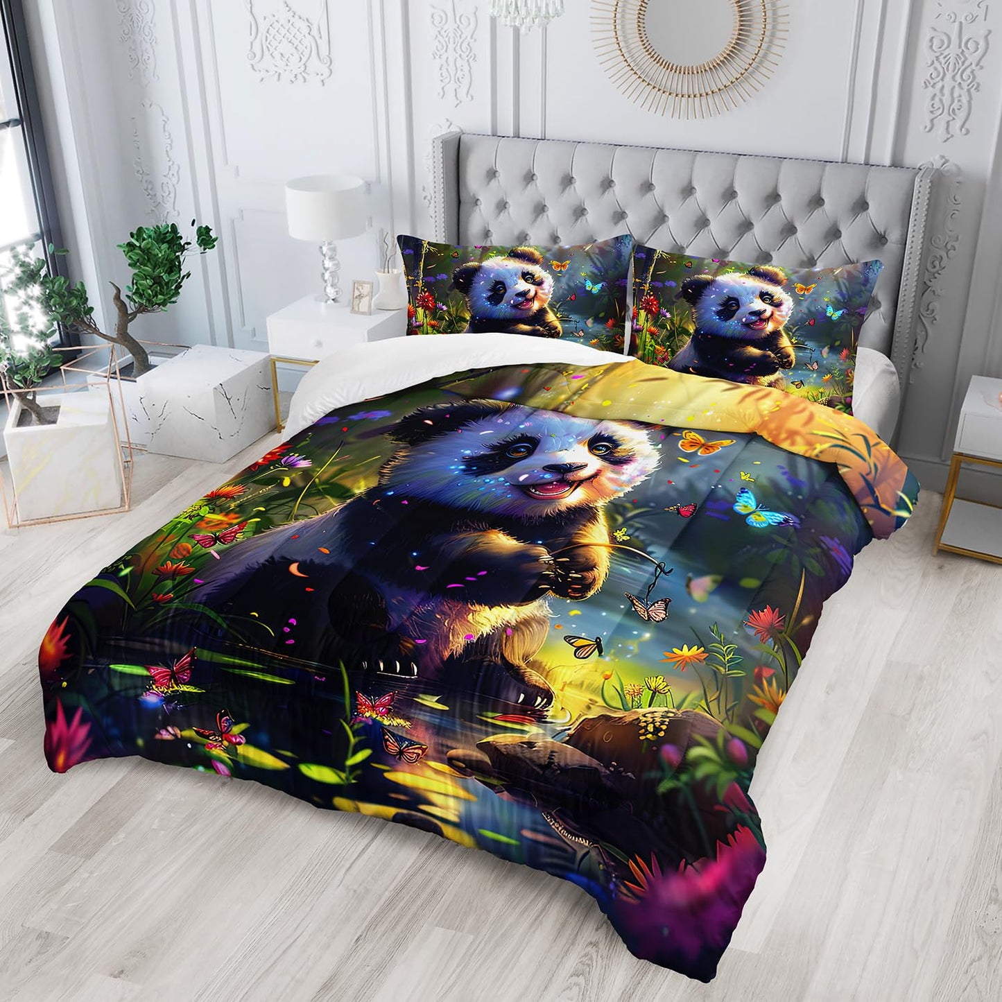 XYNHML Kawaii Black White Panda Comforter 3Pcs Panda Animal Themed Bedding Full Butterfly Bamboo Forest Quilt Set for Kid Teen Girl Boy Flower Botanical Bed Decor with 1 Comforter and 2 Pillowcases