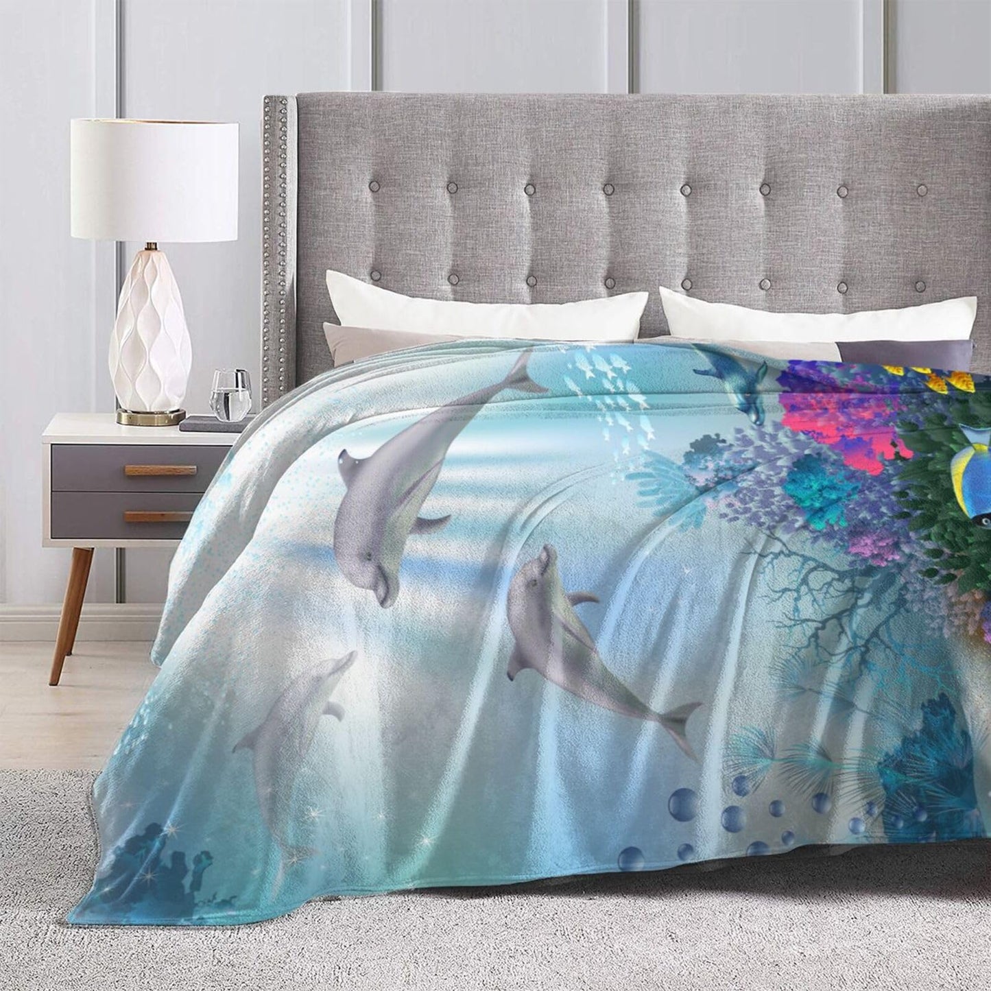 Ocean Animal Dolphin Blanket Soft Lightweight Throw Blankets Cozy Flannel Bed Throws for Sofa Couch Travel Home Room Bedroom Decor Gifts for Boys Girls Kids Adults 60"x50"