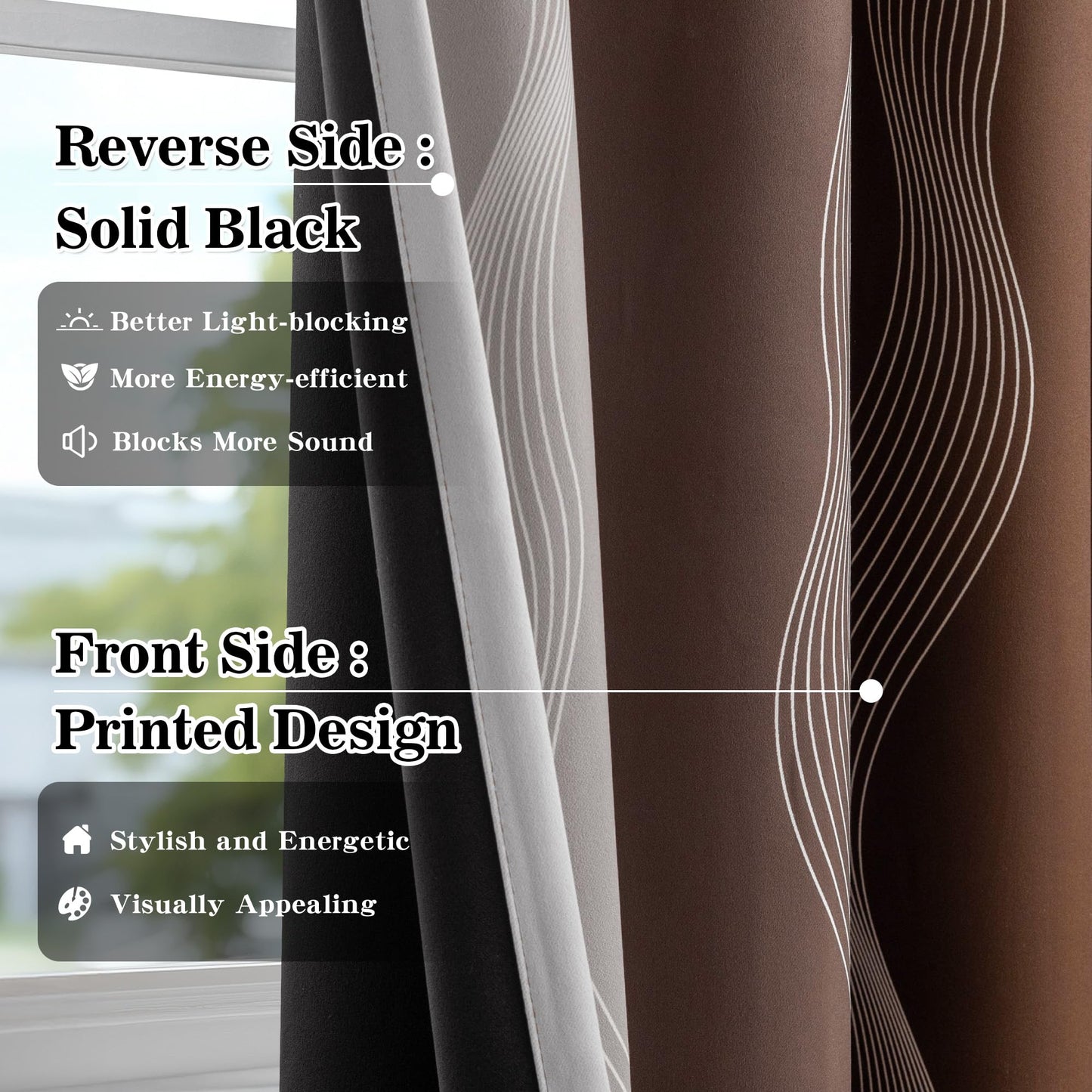 MYSKY HOME Brown and Greyish White 95% Blackout Ombre Curtains 63 inch Length 2 Panels for Bedroom Black Out Thermal Insulated Wave Line Foil Print Design Gradient Drapes for Office Classroom, W 52"
