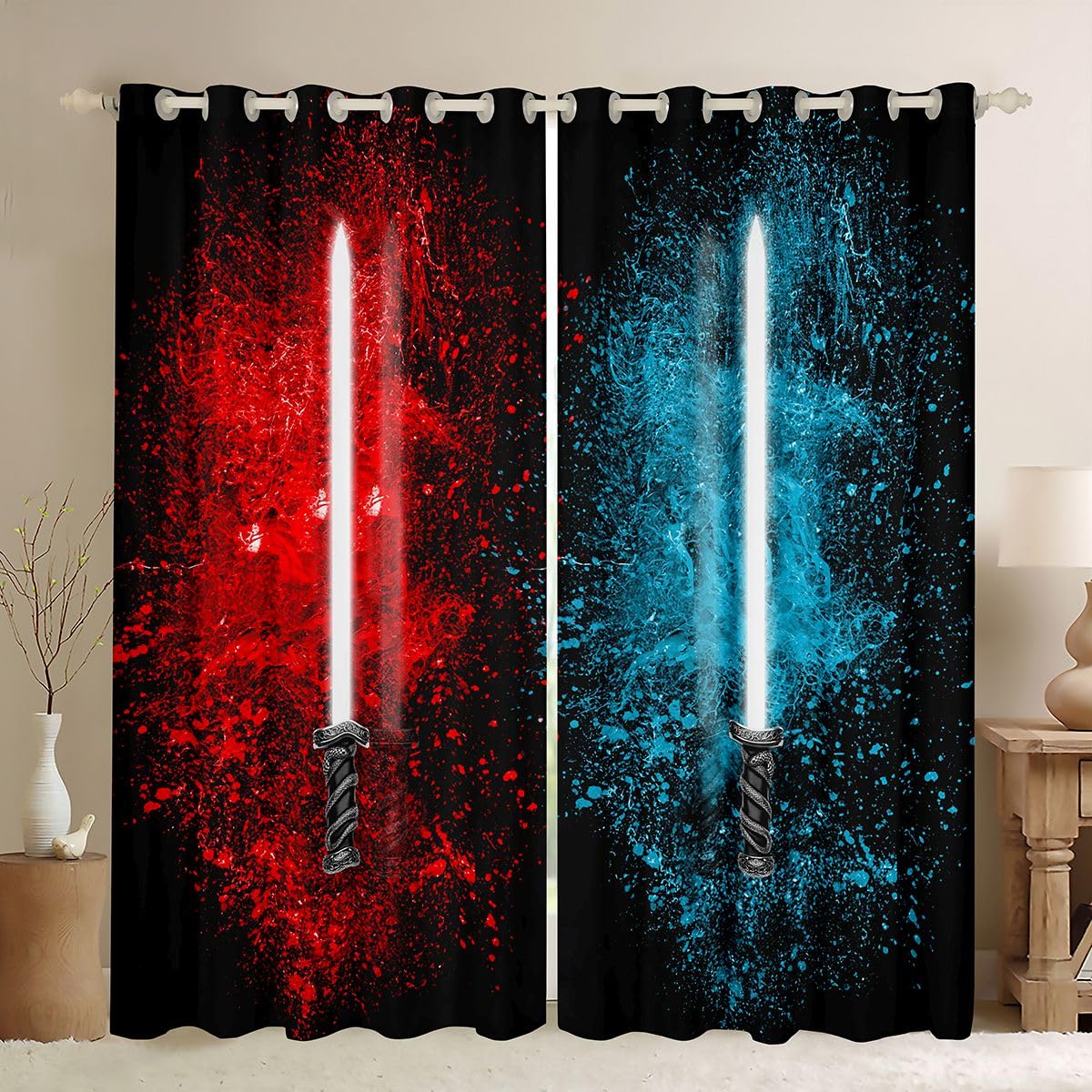 Feelyou Lightsaber Curtains Red Blue Tie Dye Curtains for Bedroom Living Room for Kids Boys Teens Future Technology Windows Drapes Soft Durable Washable Room Decoration,42 X 63 Inch,2 Panels
