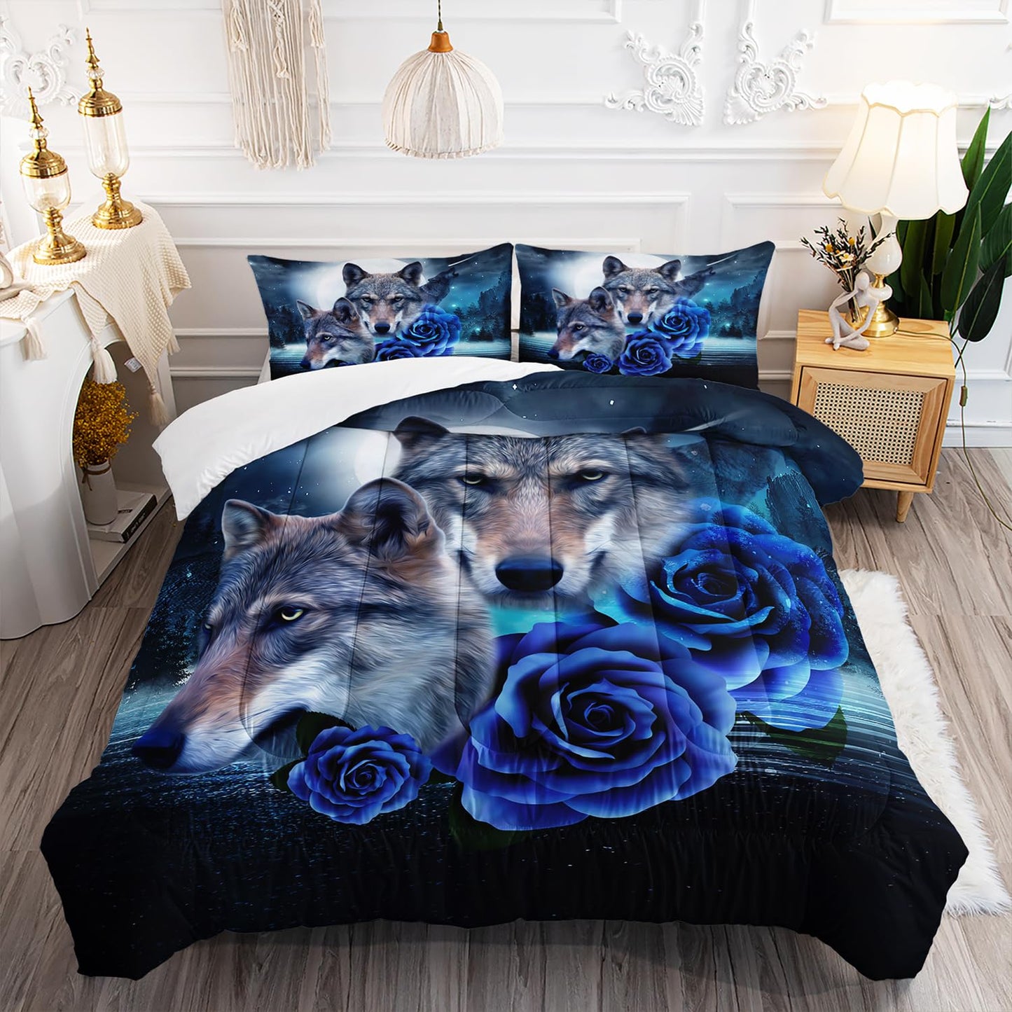 AILONEN Howling Wolf Comforter Set Queen Size,Blue Rose Wolf Bedding Sets,Wolf Head Pattern Comforter Set,Galaxy Moon Wolves Duvet Set 3 Pieces, 1 Quilt and 2 Pillowcases