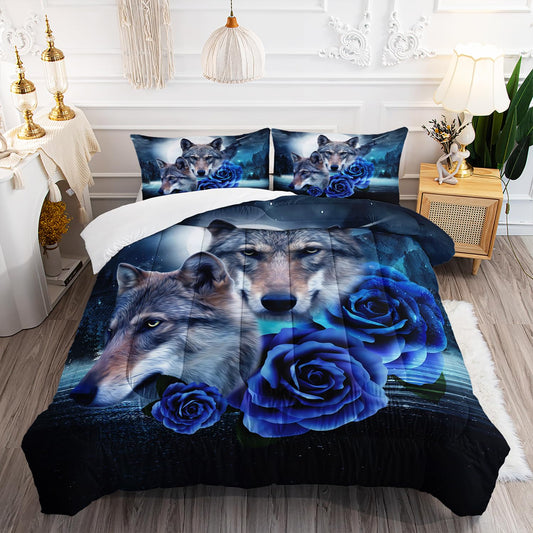 AILONEN Howling Wolf Comforter Set Queen Size,Blue Rose Wolf Bedding Sets,Wolf Head Pattern Comforter Set,Galaxy Moon Wolves Duvet Set 3 Pieces, 1 Quilt and 2 Pillowcases