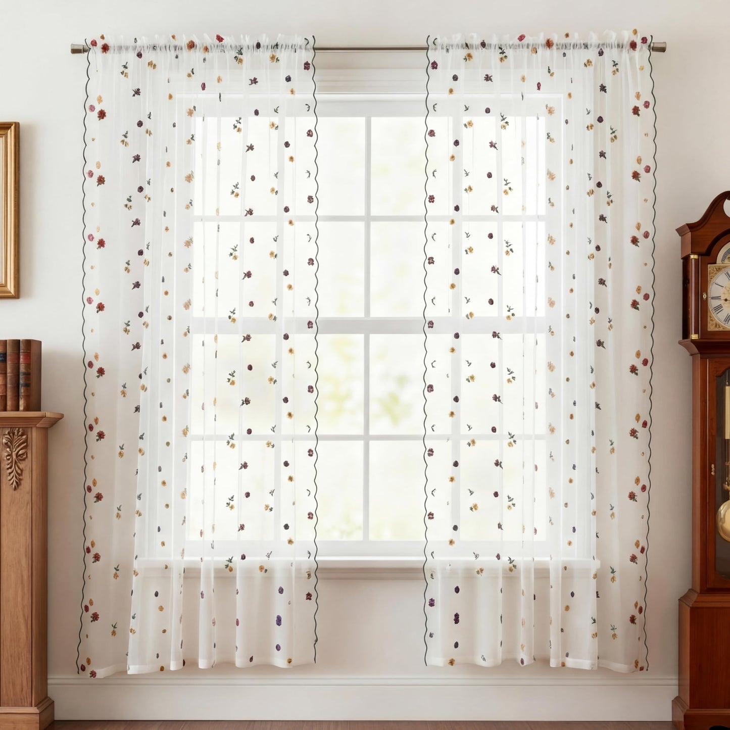 Gilprop White Embroidery Daisy Sheer Curtains 84 Inches Long, Rod Pocket Sheer Drapes for Living Room Bedroom, 2 Panels, 52" W x 84" L, Country Rustic Embroidered Florals Tulle Window Curtains