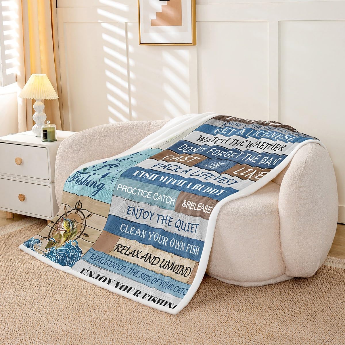 Feelyou Kids Happy Camping Fleece Throw Blanket Bass Fish Plush Blanket for Bed Sofa Couch Fishing Rules Sherpa Blanket Boys Girls Rustic Teens Bedroom Decor 40"x50"