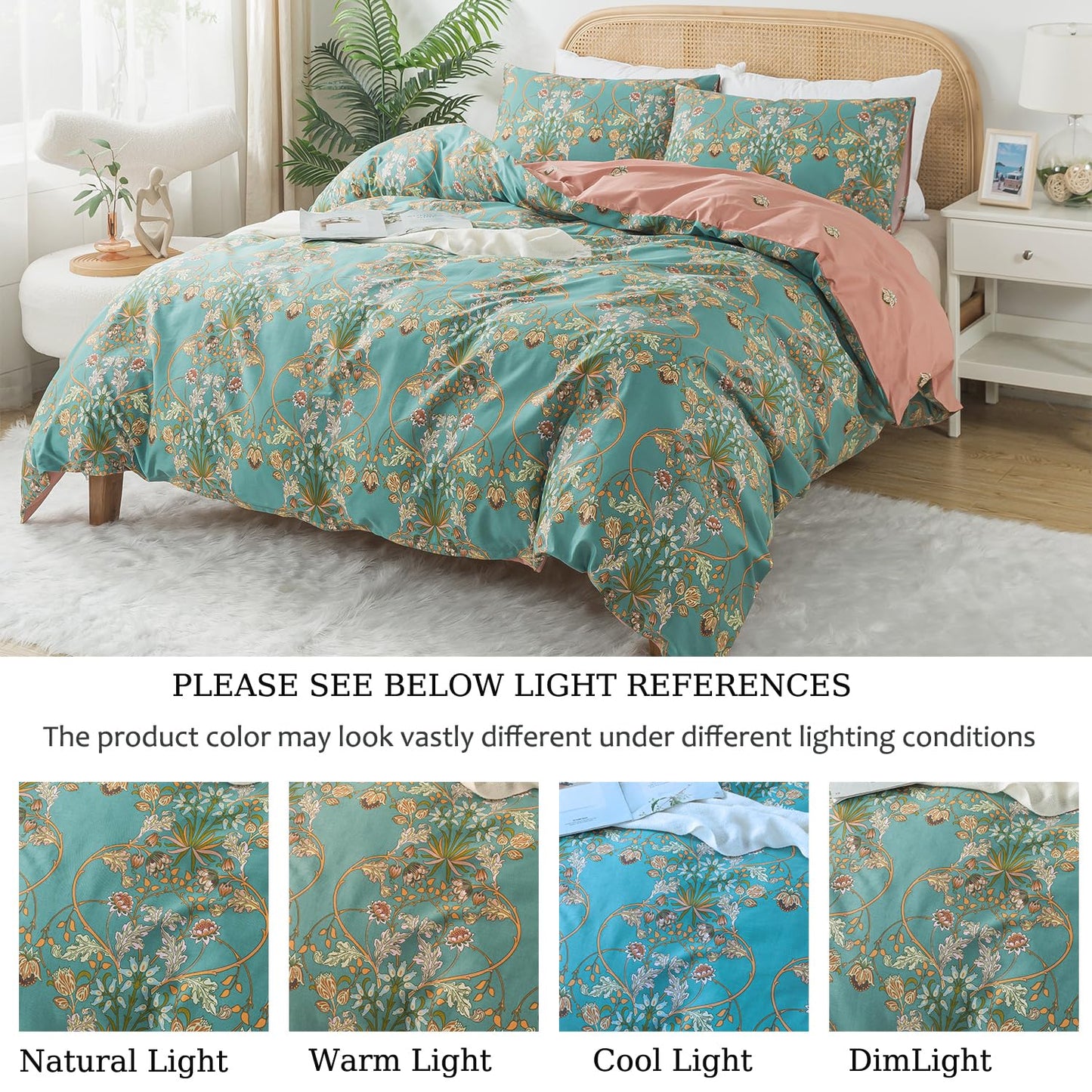 Zusbest Boho Duvet Cover Set Queen Size 100% Cotton Floral Bohemian Comforter Cover Teal Green Printed Reversible Orange Bedding Luxury Crisp Soft French Country Bedding 3Pcs, Queen