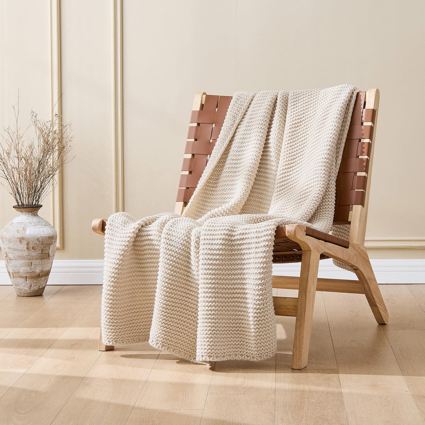 Cable Knit Throw Blanket for Couch, Beige Throw Blanket, Soft Cozy Stretchy Reversible Garter Knitted Blankets for Bed, 50"x60", Light Beige