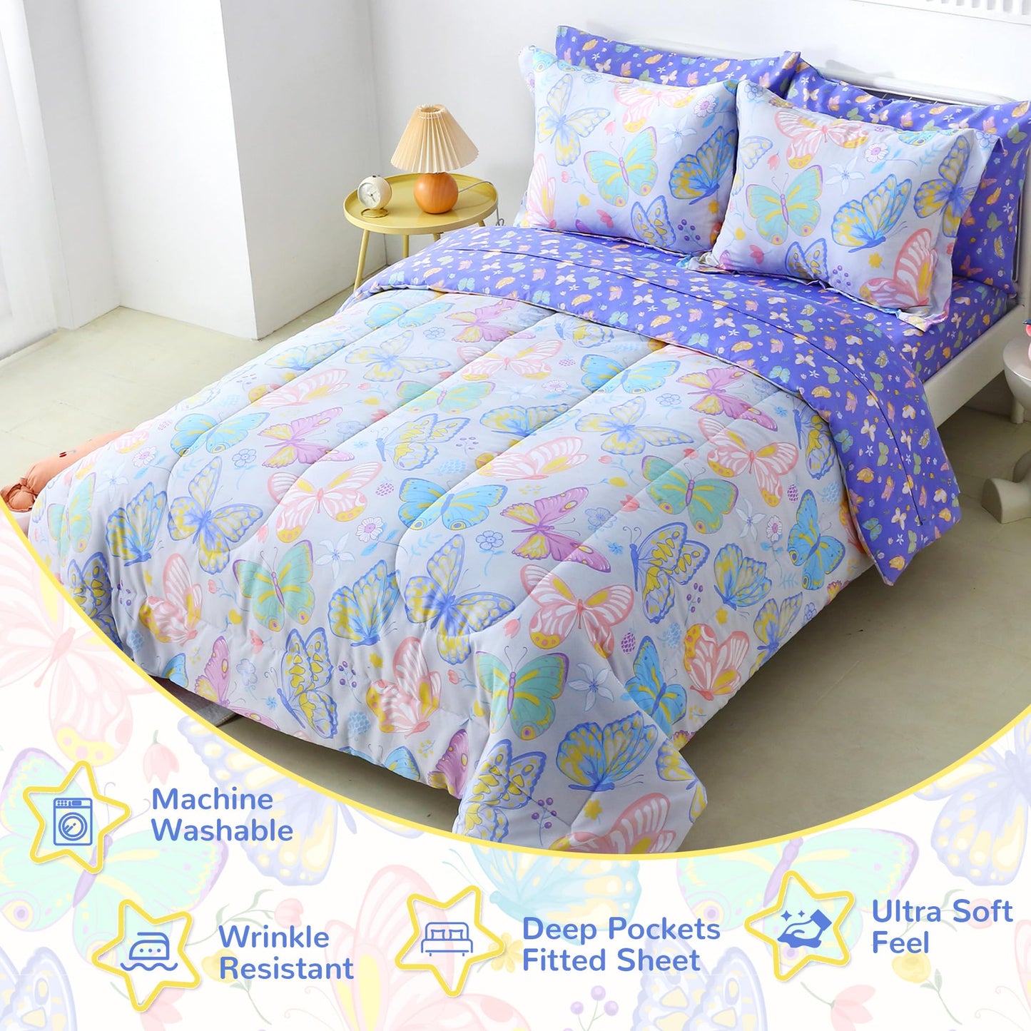 Viviland Kids Full Bedding Sets for Girls, Soft Full Comforter Set with Sheets, 7 Pieces Microfiber Bed in a Bag, Colorful Butterfly