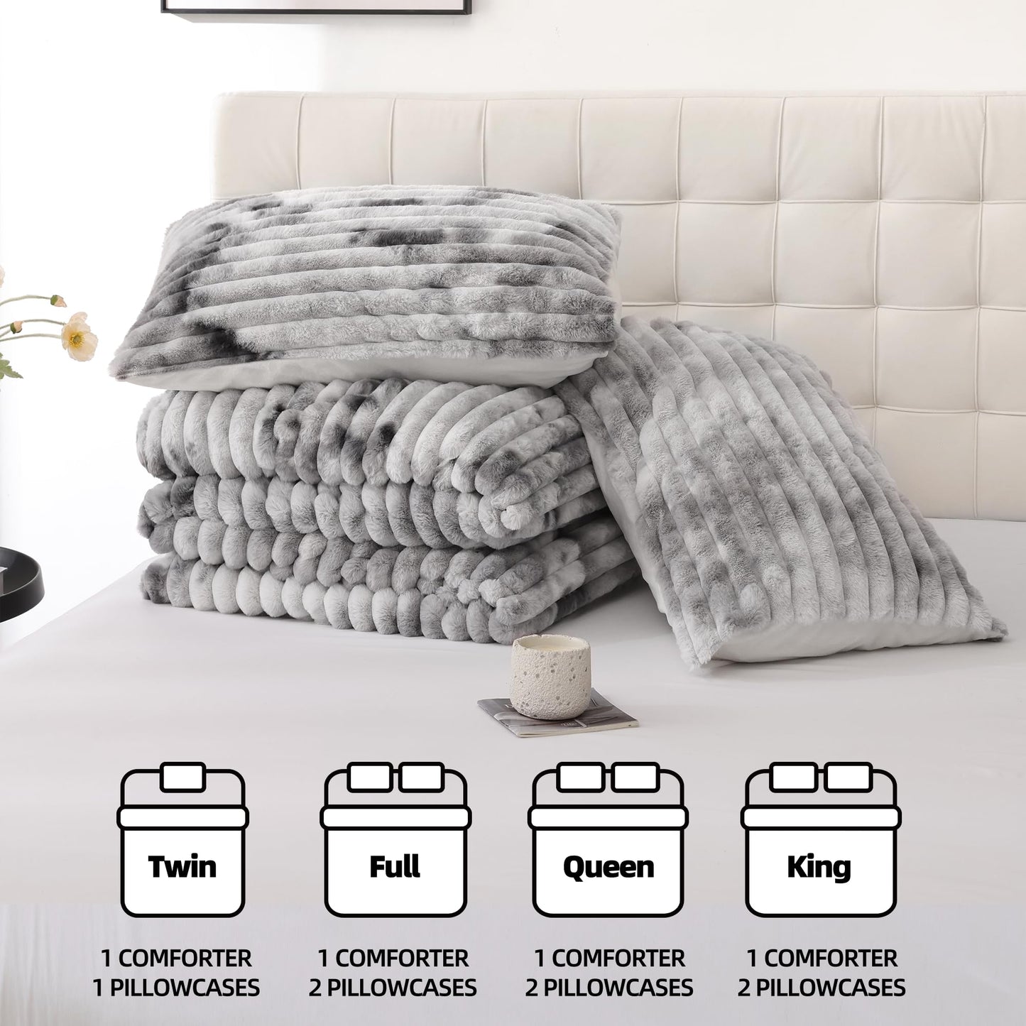 Smoofy Fluffy King Size Comforter Set 3 Pieces - Tie-dye Grey Fleece Fluffy Comforter Set, Luxury Fuzzy King Bedding Set, Soft King Bed Set All Season, Heavy Faux Fur Comforter with 2 Pillow Cases