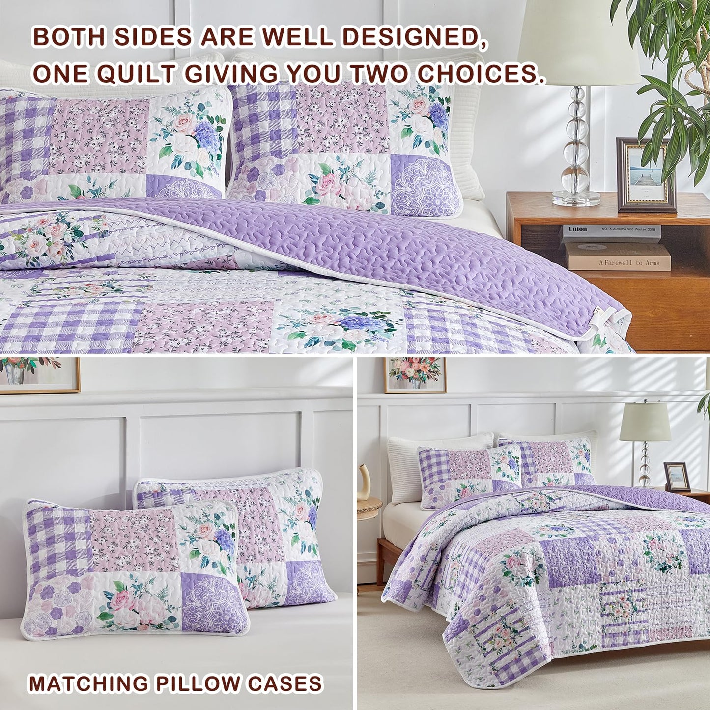 Joyreap 3 Pieces Floral Quilt Set Queen, Patchwork Purple n Pink Flowers Design, Smooth Soft Microfiber Quilt, Bedspread Bed Cover for All Season, 1 Quilt and 2 Pillow Shams- 90x90 inches