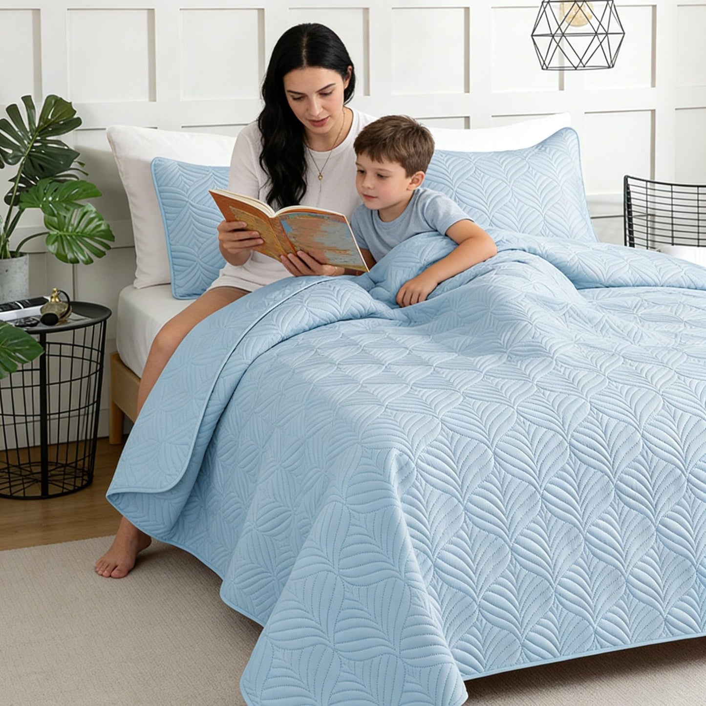 Whale Flotilla Extra Soft Full Queen Quilt Bedding Set, Lightweight Light Blue Bedspreads Quilts Queen Size with Modern Pattern, Reversible 3-Piece Coverlet with 2 Pillow Shames for All Seasons