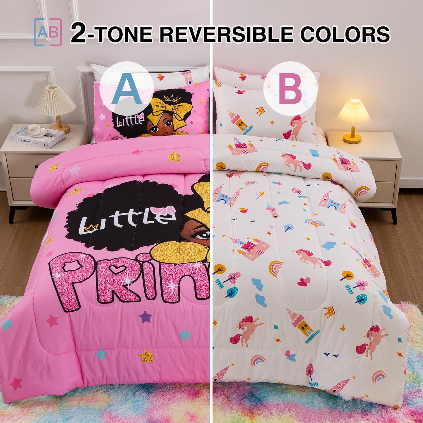 A Nice Night Black Girl Little Princess Comforter Set, Pink 6Pcs Bed in A Bag Twin Size Sparkling Stars Bedding Set,for Kids, Girls