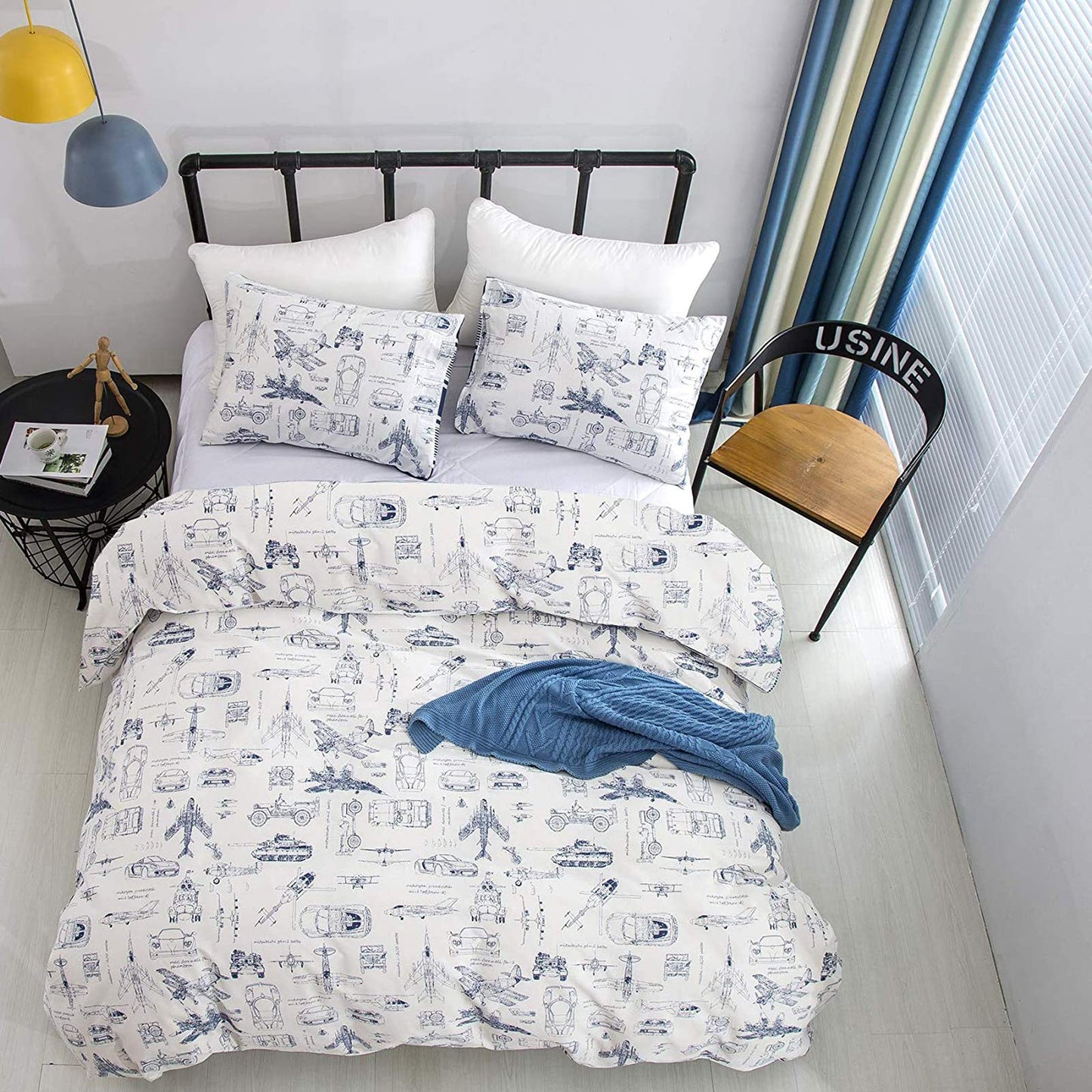 KAREVER Aircraft Comforter Set Full Boys White Cartoon Bedding Set Alternative Comforters Airplane Car Tank Printed White Bedding Blanket Full for Children Teen Boy with Microfiber Inner Insert