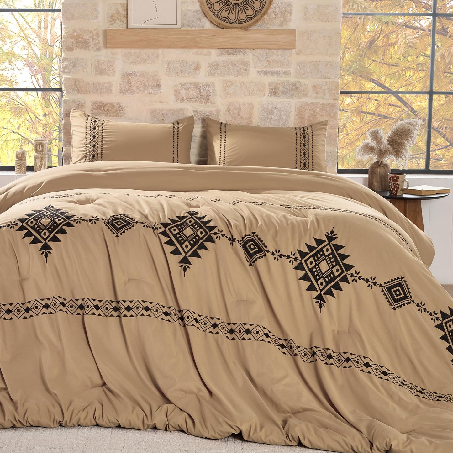 Baskbed Boho Embroidered Bed Comforter Queen Set, 3-Piece Western Shabby Chic Bedding Set - Fluffy Ultra Soft Microfiber with Intricate Design, Includes Comforter & 2 Pillowcases, Khaki(88"x88")