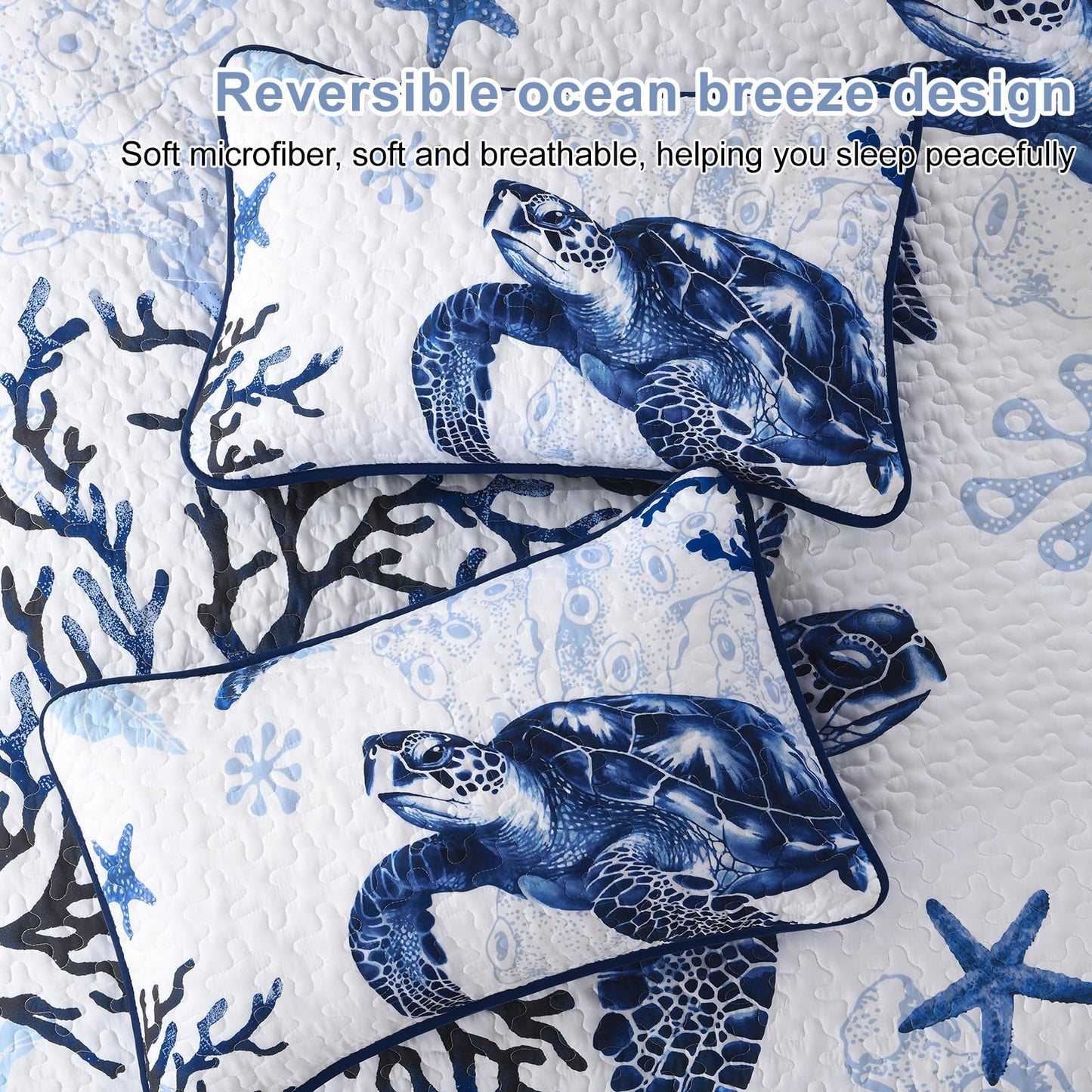 DJY Coastal Quilt Sets King Size 3 Piece, Beach Beach Nautical Bedspreads Coverlet with 2 Shams Soft Lightweight Microfiber Blue Bedding Summer Comforter Set for All Season
