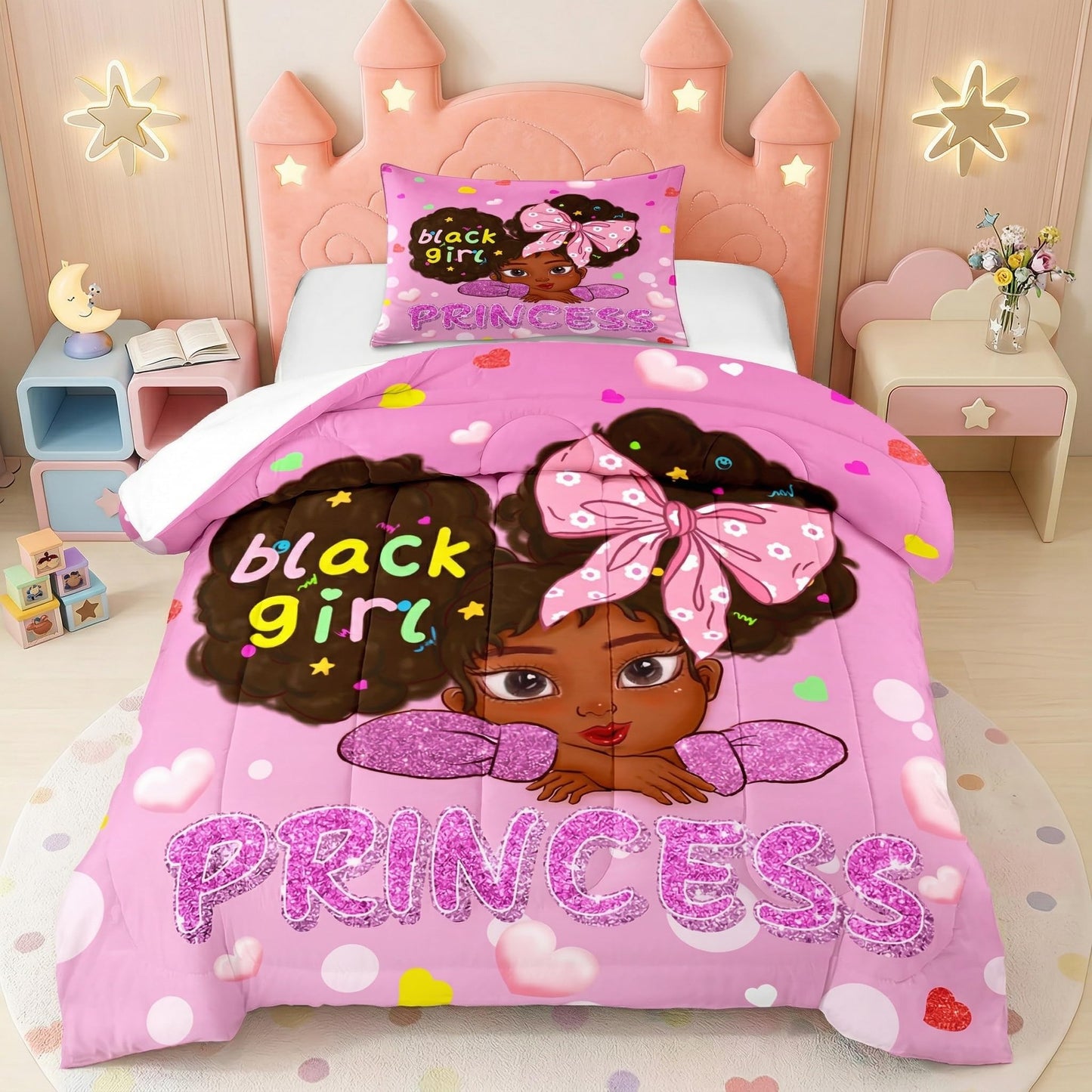 Jiospet Black Girls Comforter Twin - Black Girl Comforter Set for Kids Bedroom Pink Princess Room Decor Kids Bedding Sets for Girls, 1 Comforter +1 Pillowcase