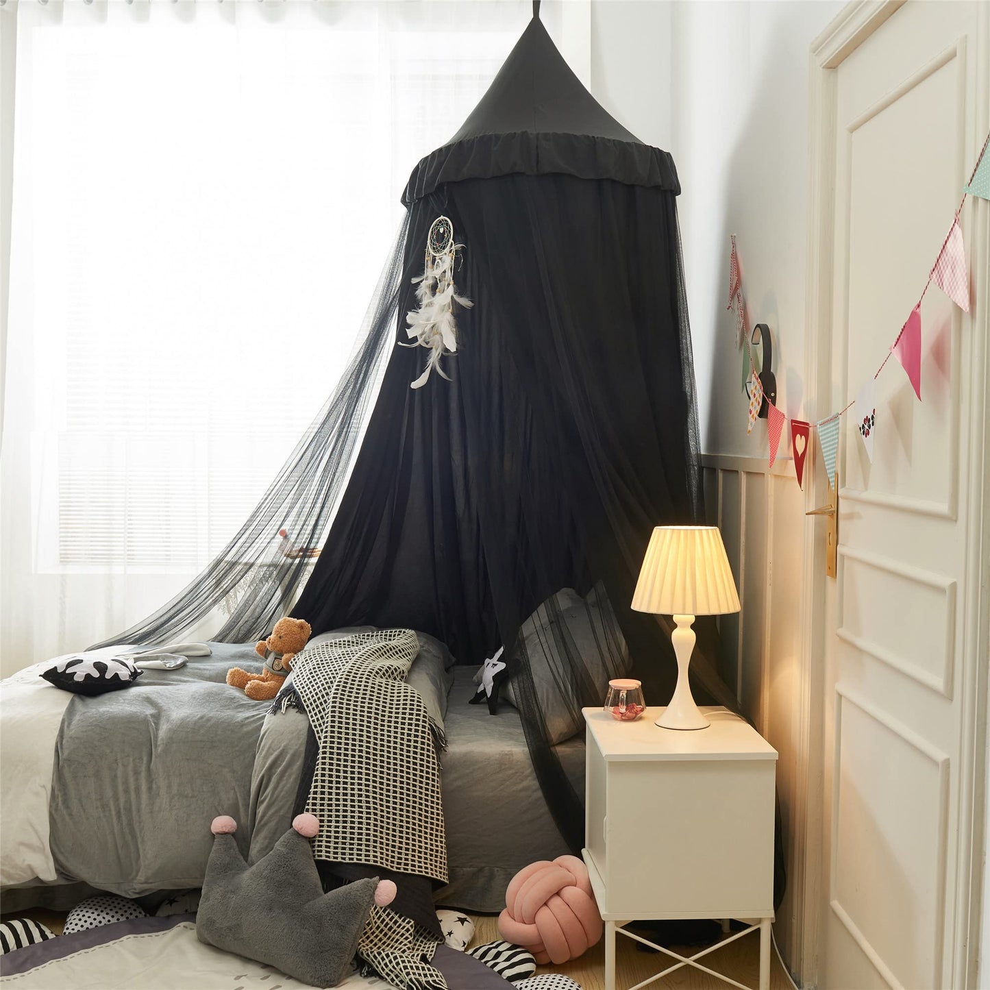VETHIN Bed Canopy for Girls,Princess Round Dome Dreamy Mosquito Net Bedding Girls Room Castle Play Tent Hanging House Decor Reading Nook Canopies (Black/Black)