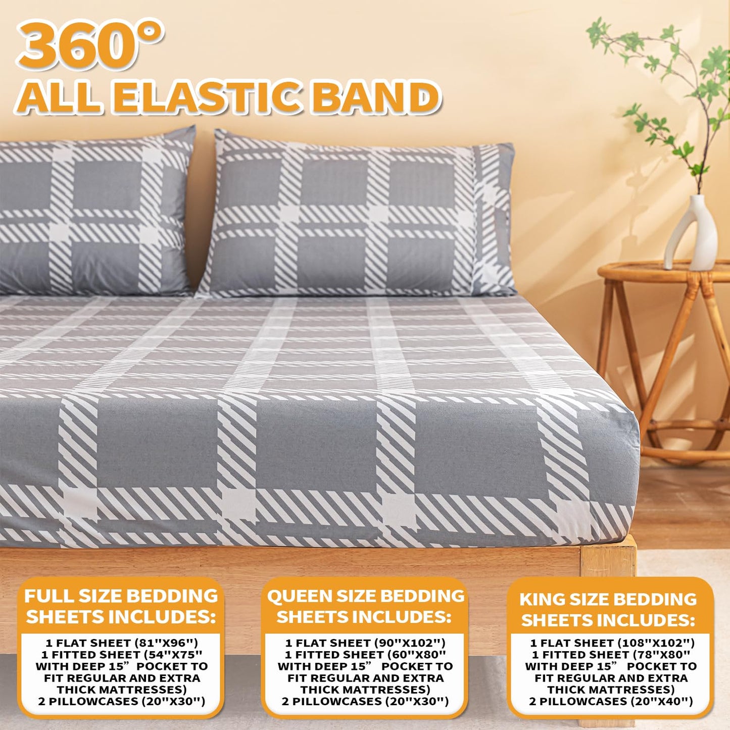 Marquess Printed Flannel Sheets Queen Size, Microfiber Brushed Flannel Bed Linen Set Deep Pocket Ultra Soft & Durable, 4 Piece (Grey, Queen)