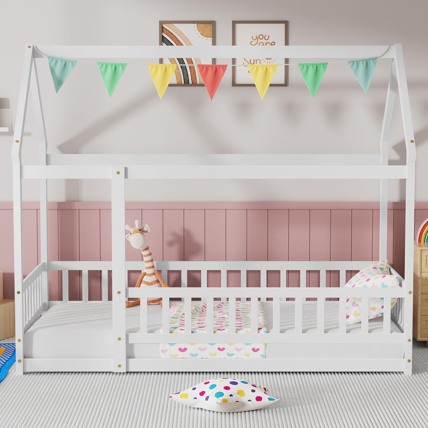 PVWIIK Twin Montessori Floor Bed with High Rails & Roof for Kids Bedroom,High Rails Bed Frame with Fence,No Box Spring Needed, White