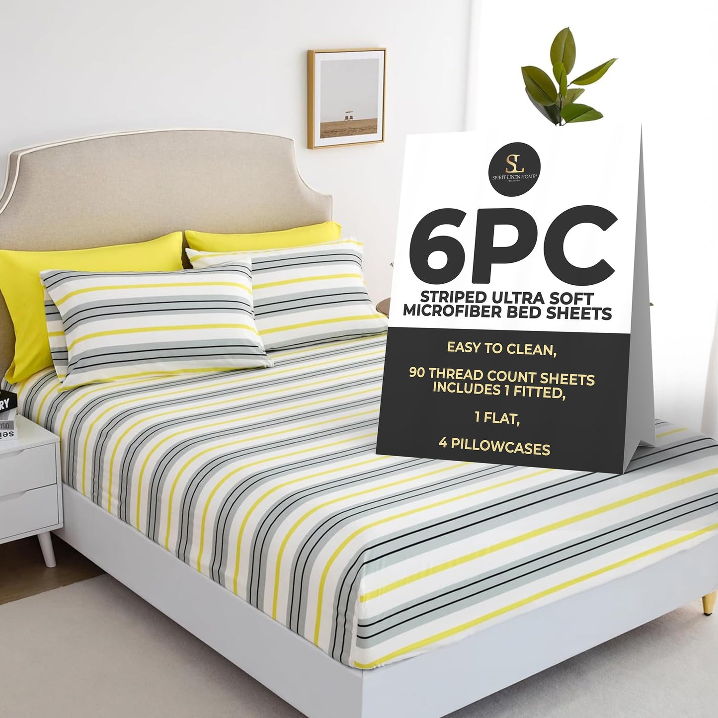 Spirit Linen home 6-Piece Queen Size Bed Sheet Set - Deep Pocket, Striped Pattern, Soft and Breathable Bed Sheets, Microfiber Material, Includes 1 Fitted, 1 Flat, 4 Pillowcases - Grey/Yellow Stripe