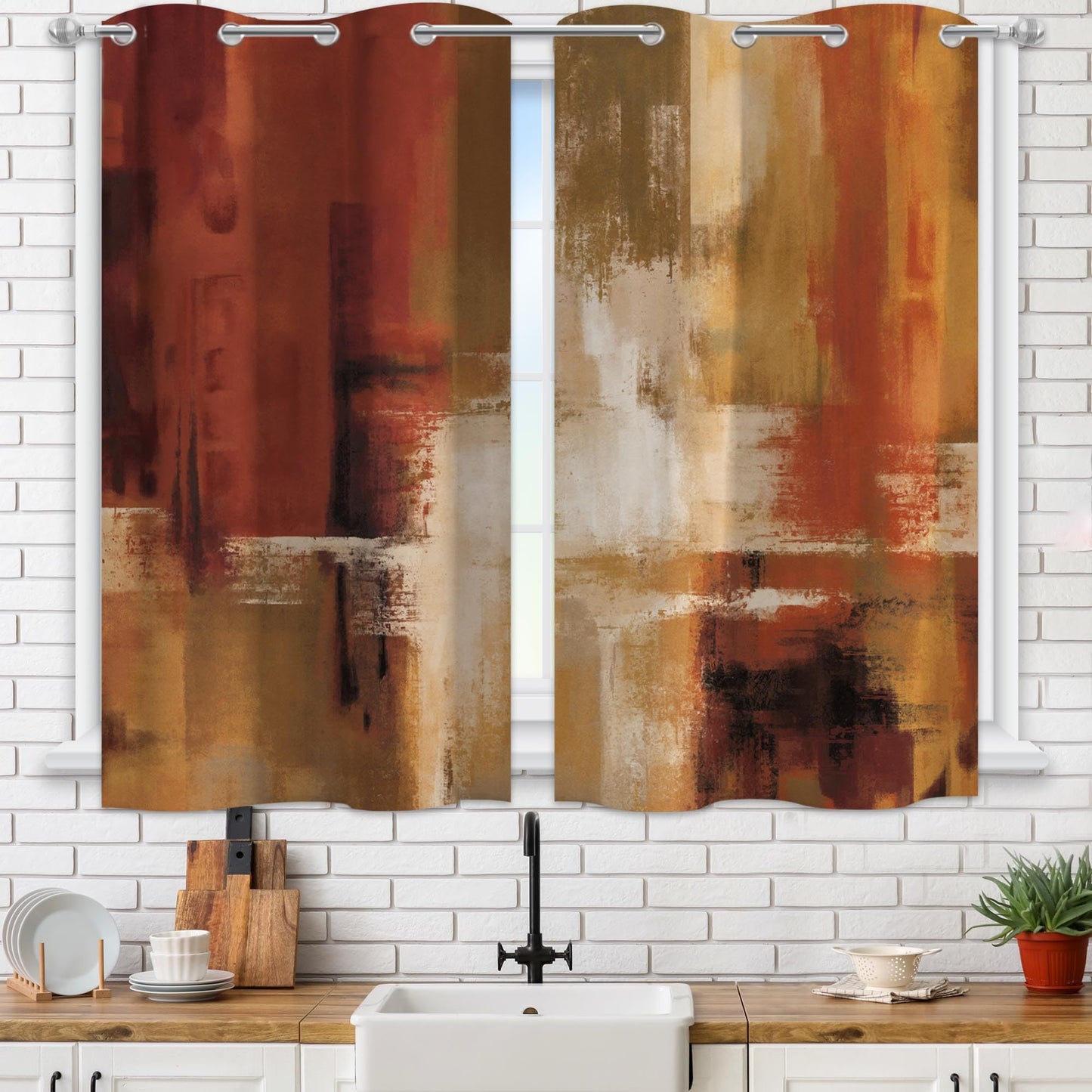 Asuexpect Burnt Orange Kitchen Curtains 2 Panels Abstract Rust Curtain Room Darkening Grommet Window Drapes Modern Decorative Window Treatments, 26x36 Inches