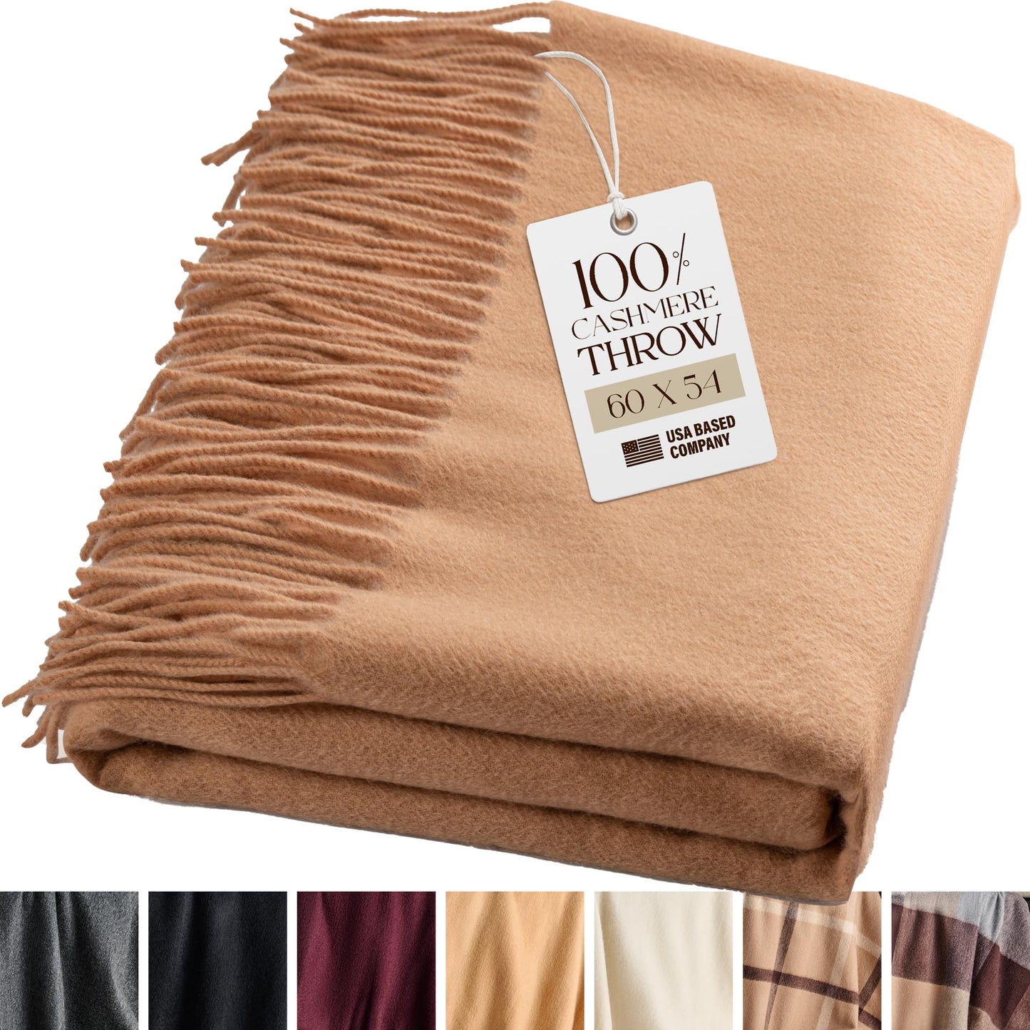 Velanio Cashmere 100% Cashmere Throw Blanket with Fringe 60 x 54 Inch Super Soft Warm for Home, Travel Sofa Bed (Camel)