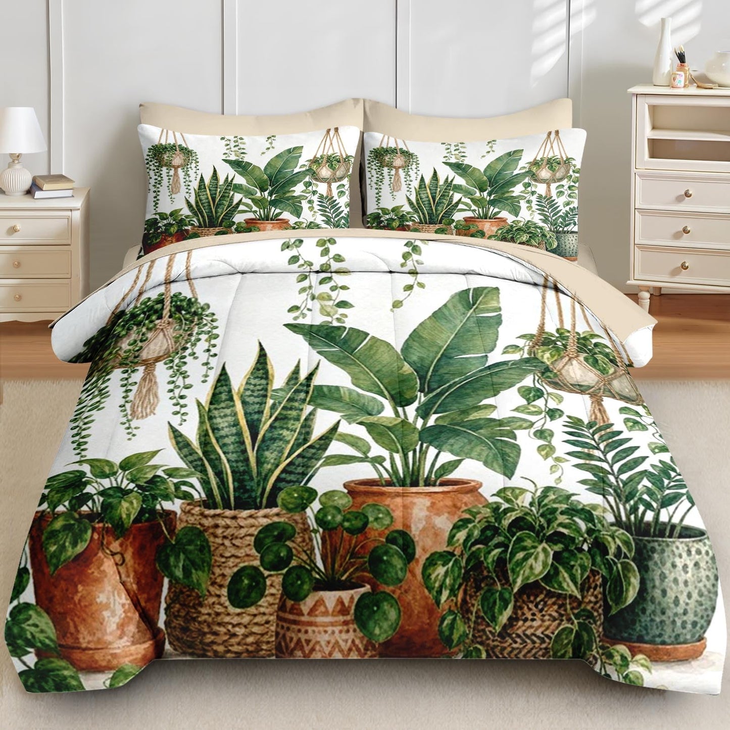 Boewywh Comforter Set Twin Size Plant Boho Botanical 7 Pcs, Bedding for Kids and Adults, Bed Sheet Sets with Fitted Sheet 2 Pillowcases & 2 Shams for Bedroom Bed Decor