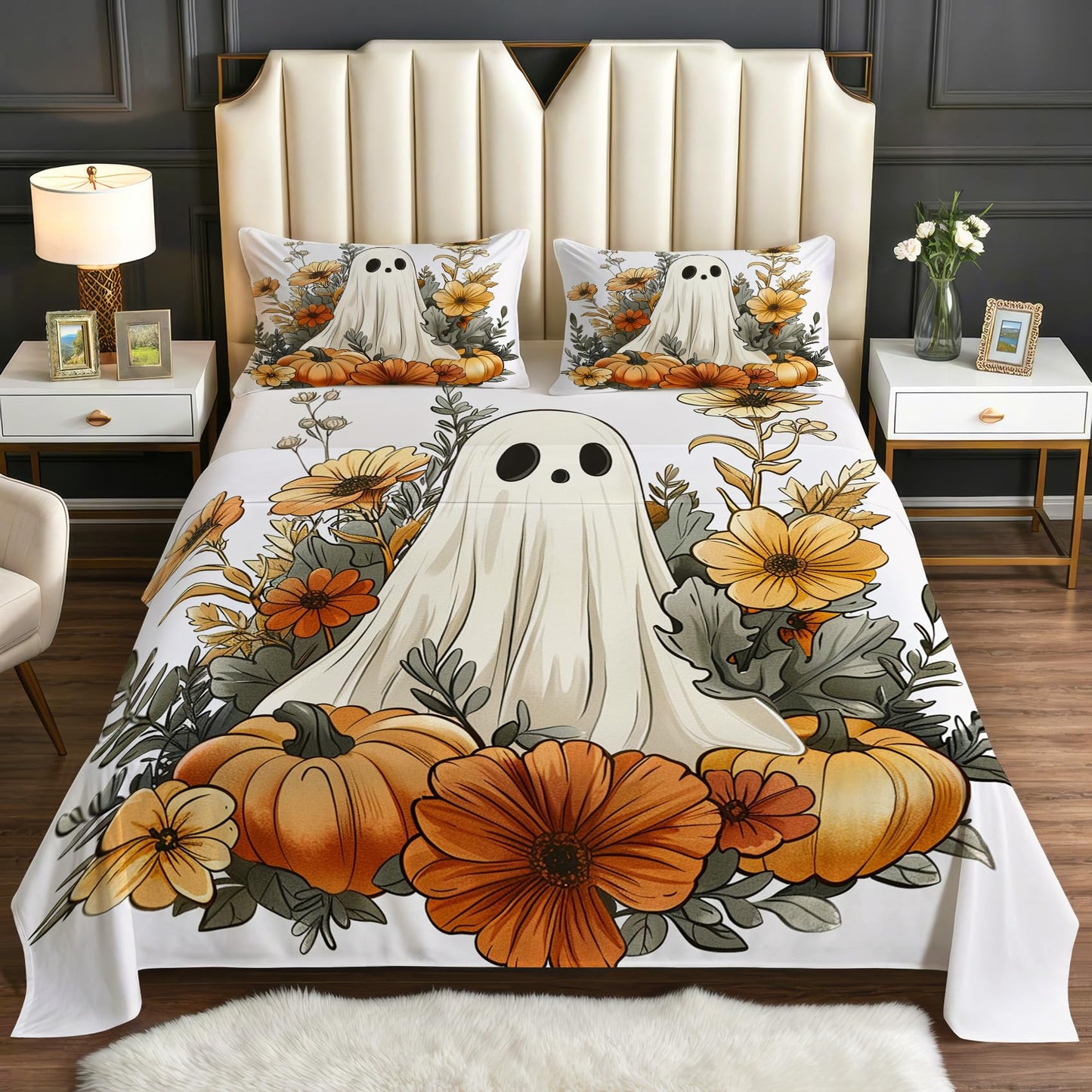 Halloween Sheets Twin Size - Autumn Ghost Pumpkin Bed Sheet Set - Deep Pocket Soft Microfiber Bedding Set 3 Piece - Fitted Flat Sheet Pillowcase - Halloween Bedroom Decor & Gifts