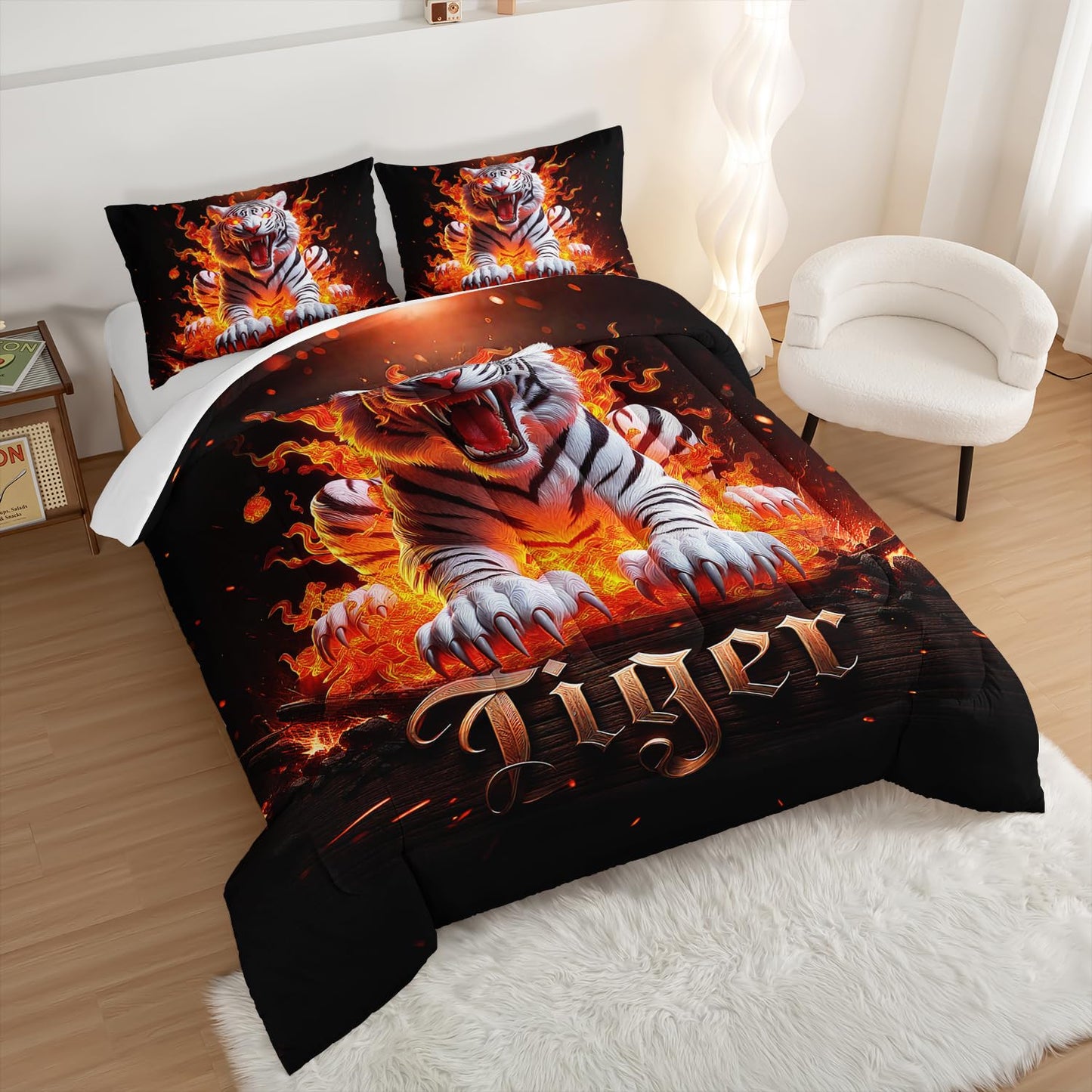 UEVBF Fierce White Tiger Comforter Set Queen Size,Wild Animal Themed Bedding Sets for Kids Adults Boys Room Decor,Tigers with Flame Bed in a Bag Queen with 2 Pillowcases.