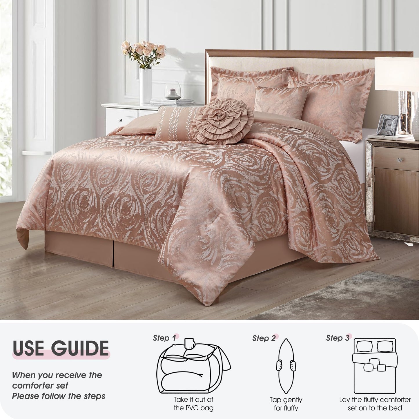 LANCO MODERN LIFESTYLE Bright Blush 7 Piece Comforter Set, King, Elegant Floral Jacquard, Ultra Soft Bed Set for All Seasons, Bed in a Bag, Include Comforter, Bed Skirt, Pillow Shams & Decor Pillows