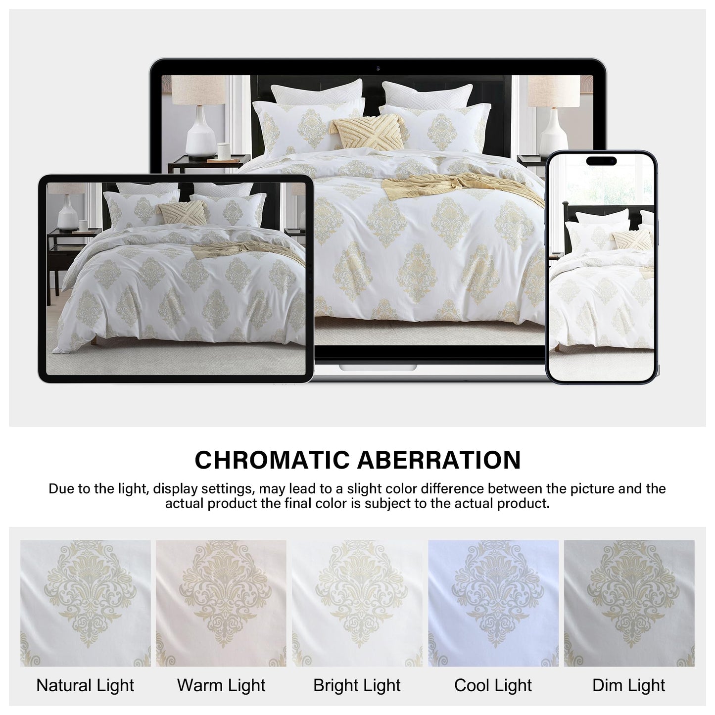 VOOVY Damask Duvet Cover King - 100% Cotton Duvet Cover Set, 3 Pieces Medallion Bedding Duvet Covers with Zipper Closure & 8 Corner Ties for All Season, 104"x90", No Comforter
