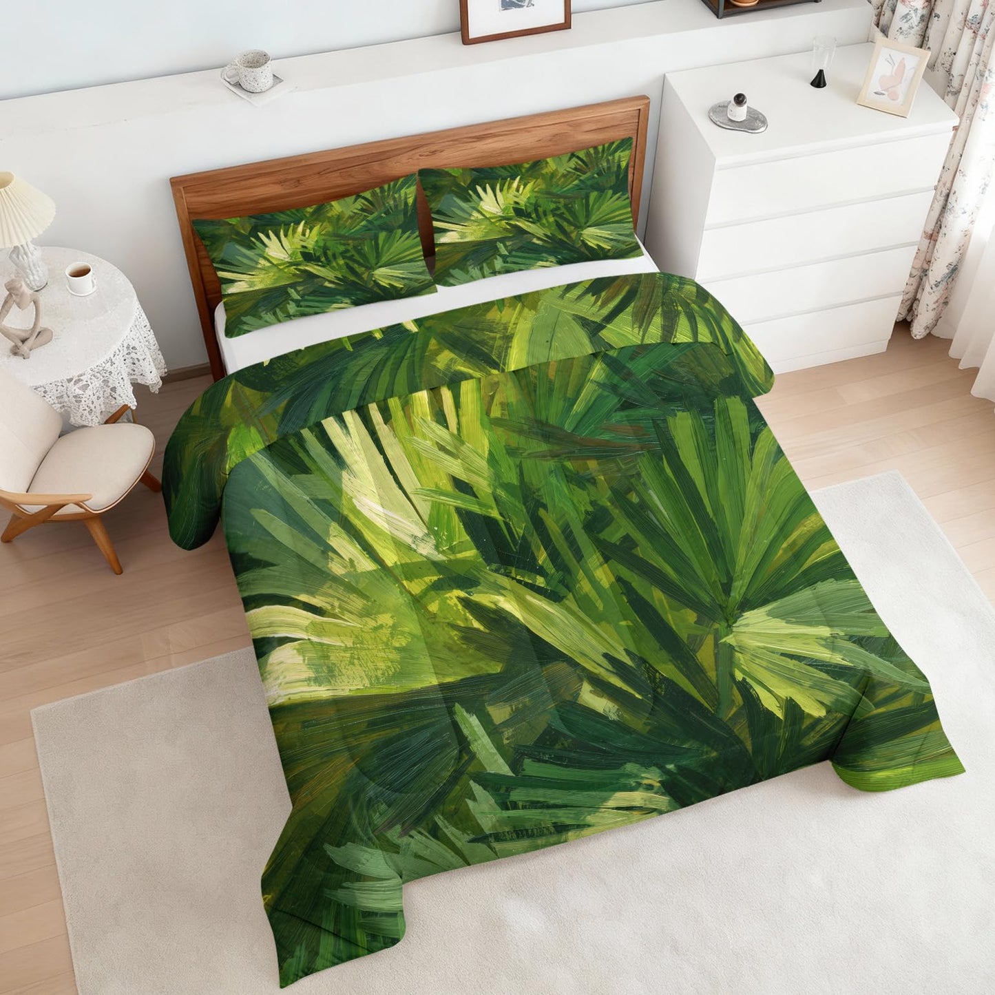 Palm Leaf Comforter Set King Size 3Pc, Tropical Plant Pattern Down Alternative Bed Comforter, 2 Pillow Shams, Soft All Season Bedding, Palm Leaf Bedroom Decor