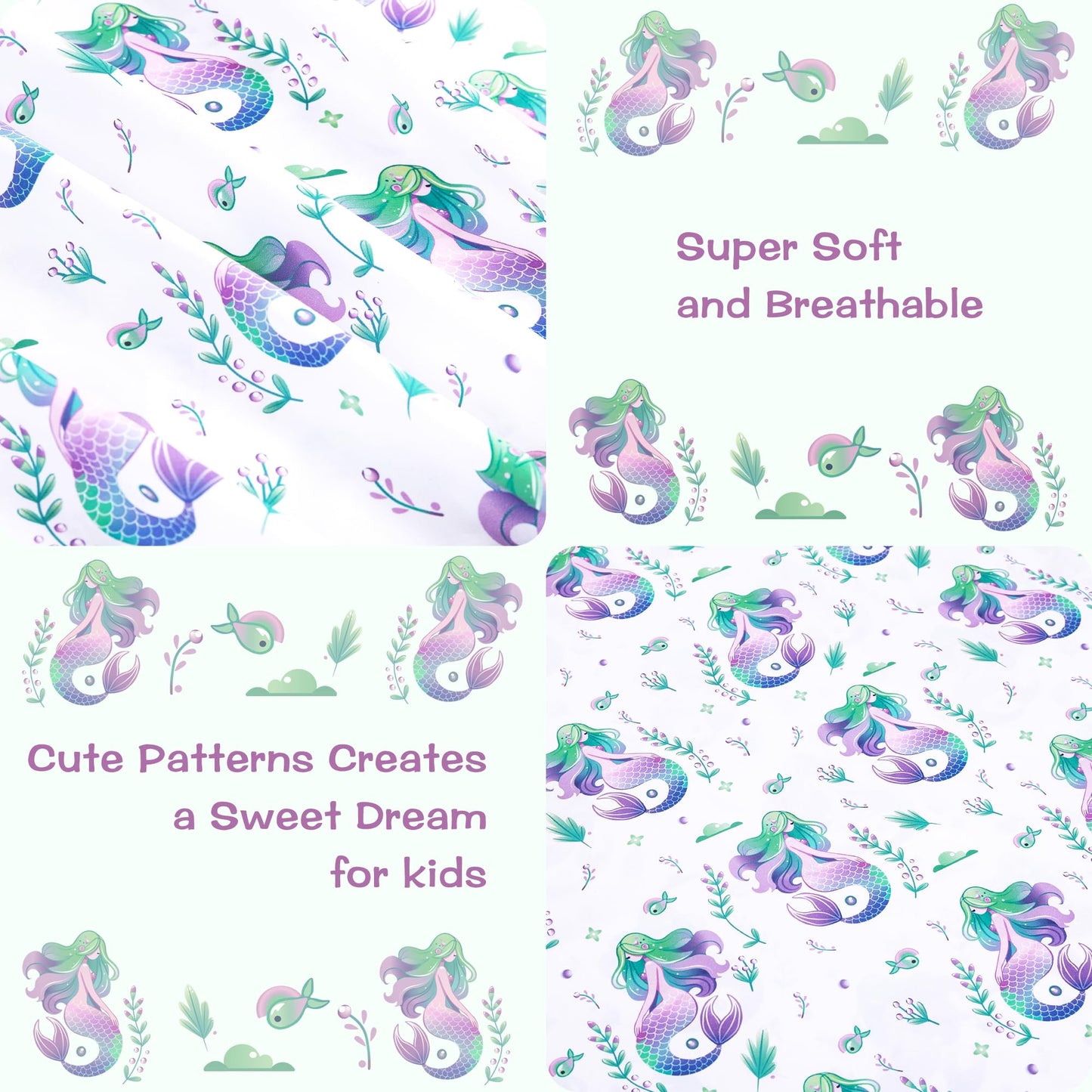 lasoftan Kids Sheet Set Twin Size, Twin Sheet Set with Mermaid Pattern，Breathable Silky Soft Microfiber Kids Fitted Sheet