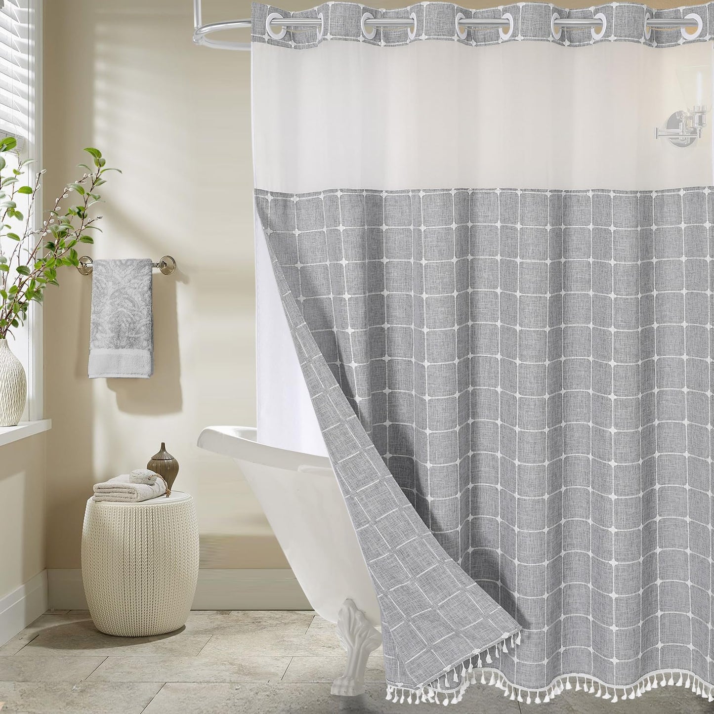 MitoVilla No Hooks Required Farmhouse Shower Curtain with Snap-in Liner - with Window & Magnets, Boho Cotton Linen Fabric Shower Curtains with Tassels for Rustic Bathroom Decor, Grey, 72 x 74