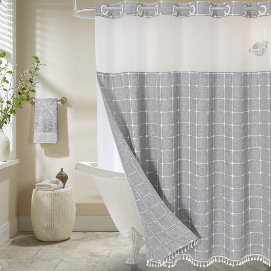 MitoVilla No Hooks Required Farmhouse Shower Curtain with Snap-in Liner - with Window & Magnets, Boho Cotton Linen Fabric Shower Curtains with Tassels for Rustic Bathroom Decor, Grey, 72 x 74