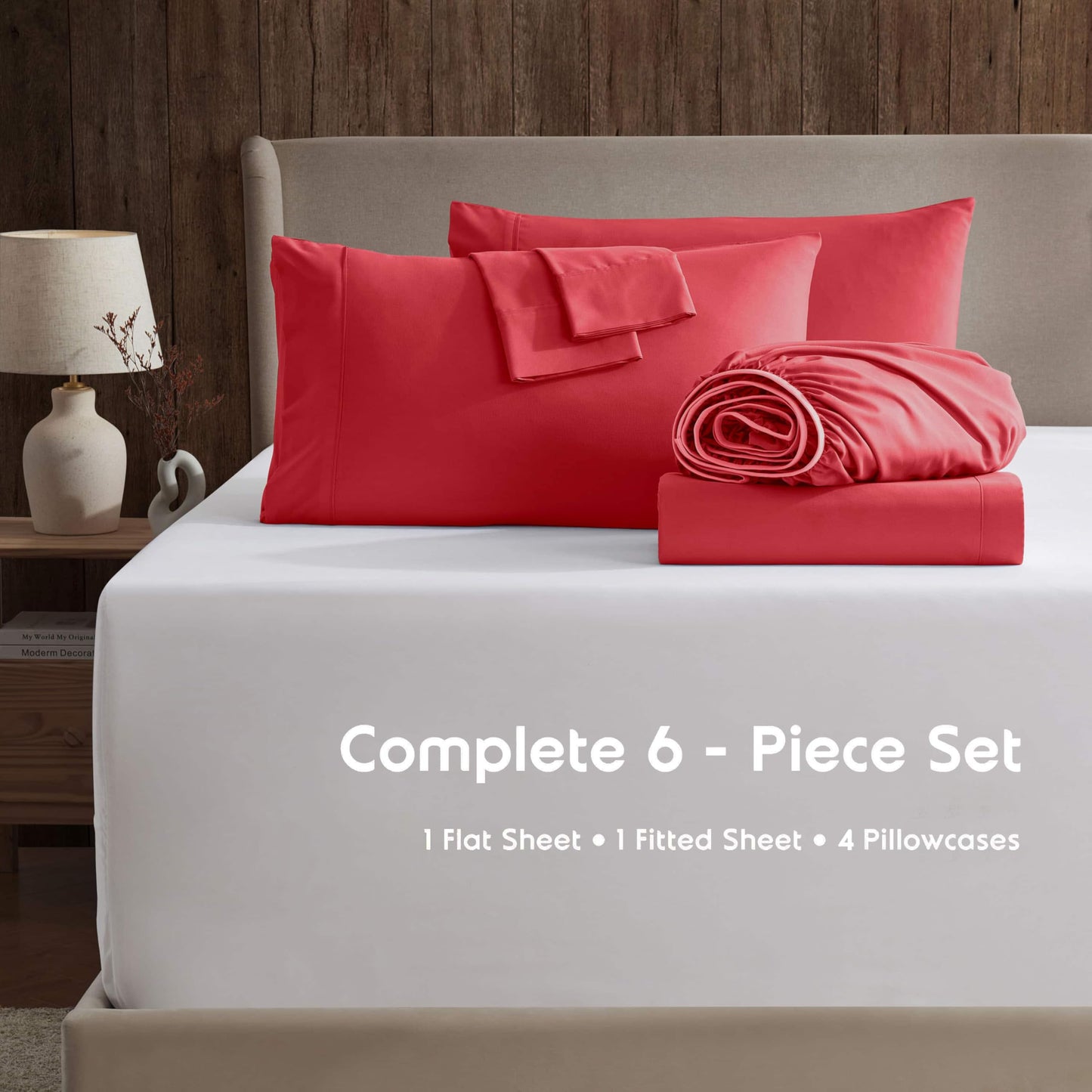 Nestl Extra Deep Cal King Sheet Set - 6 Piece Breathable & Cooling Sheets - Hotel Luxury Bedding Set w/18-24 Inch Deep Pockets - Easy & Secure Fit - Super Soft, Wrinkle Free & Comfy - Red
