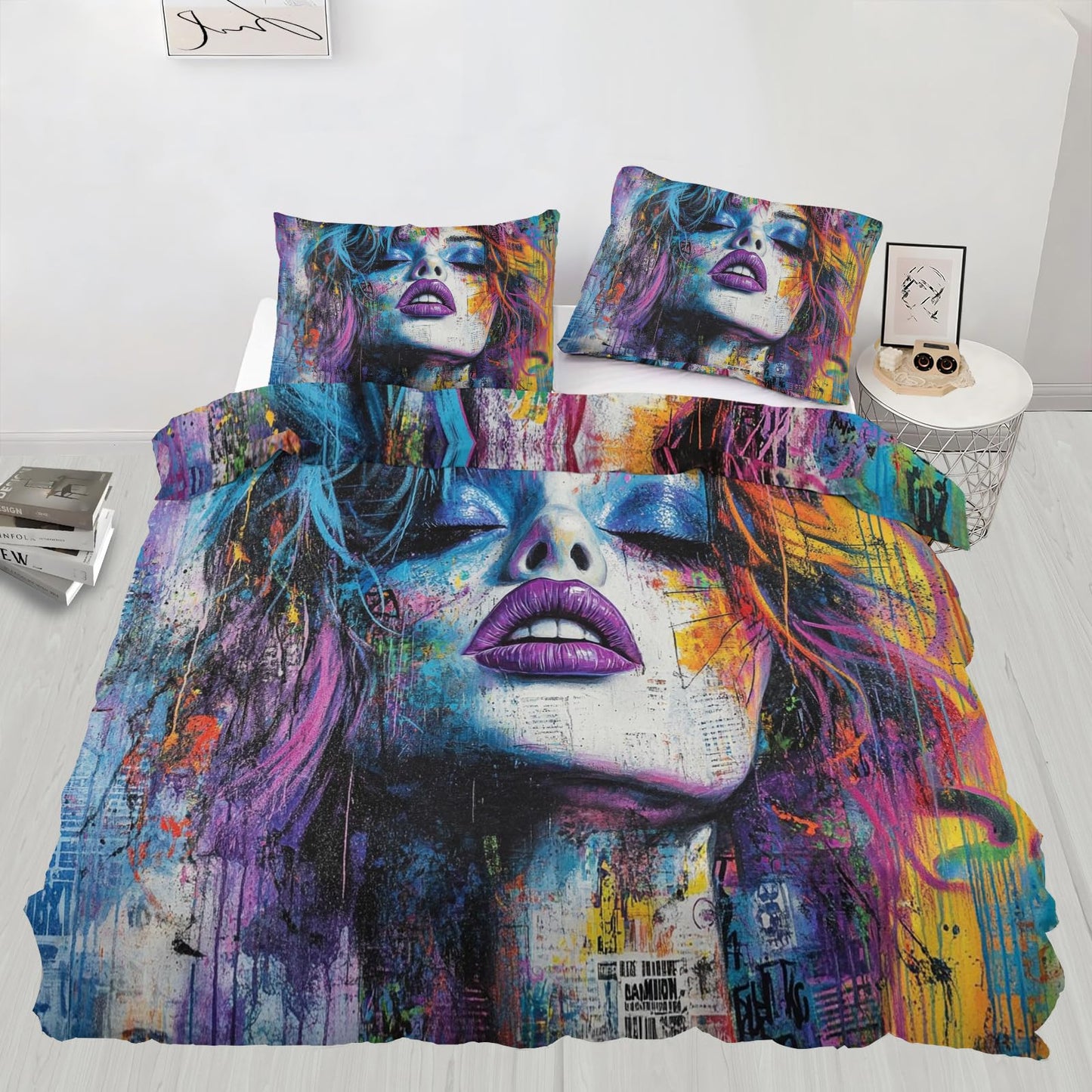 PAISUOQ Graffiti Duvet Cover Queen, Fashion Woman Bedding Sets, Street Art Comforter Cover with 2 Pillowcases, 3 Pieces with Zipper & Ties, Dorm Decor & Gifts